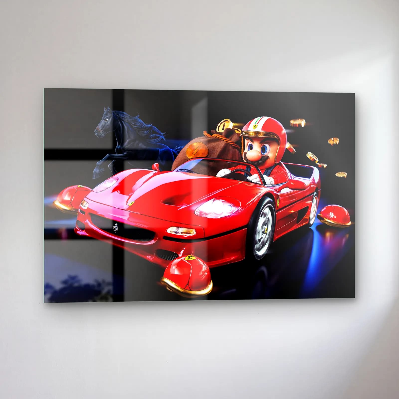 Kırmızı Ferrari F50’de Mario cam tablo — sol açıdan görünüm