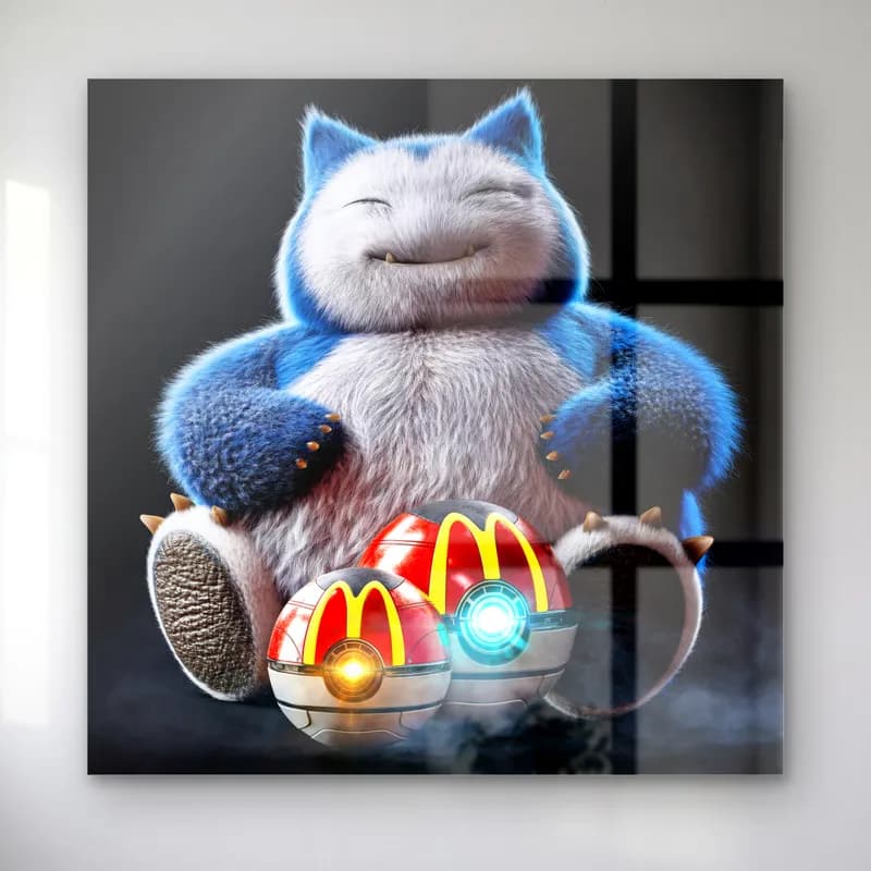 McDonald’s Pokeball’lu Snorlax cam tablo — McDonalds logolu iki pokeball önünde oturan tüylü 3D Snorlax