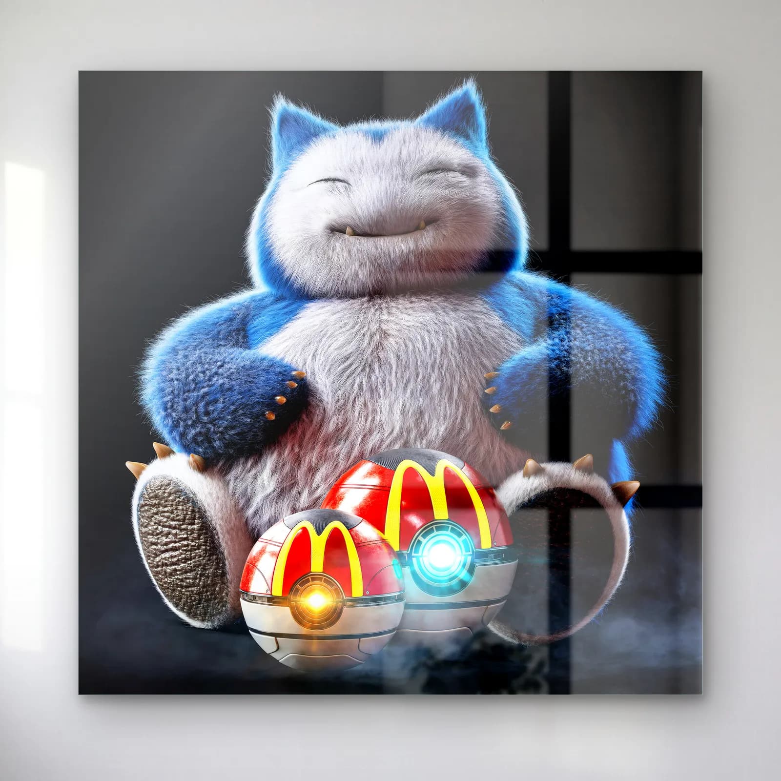 McDonald’s Pokeball’lu Snorlax cam tablo — McDonalds logolu iki pokeball önünde oturan tüylü 3D Snorlax