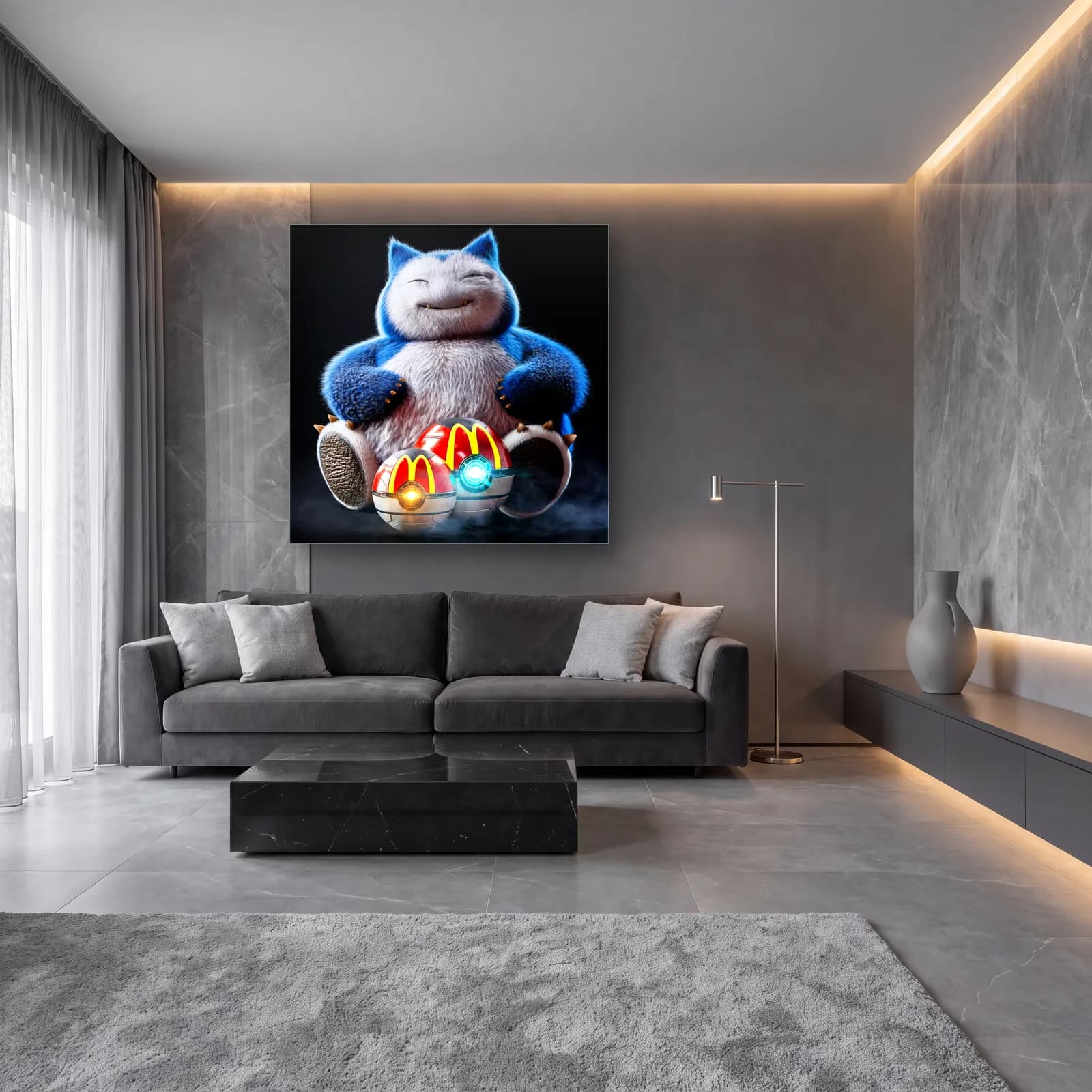 McDonald’s Pokeball’lu Snorlax cam tablo — lüks salon duvarında