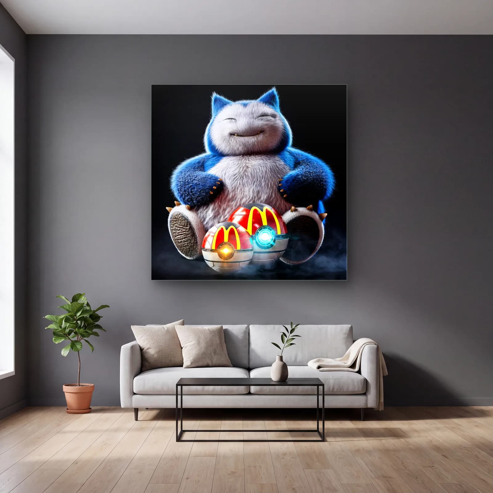 McDonald’s Pokeball’lu Snorlax cam tablo — gri duvarlı salonda