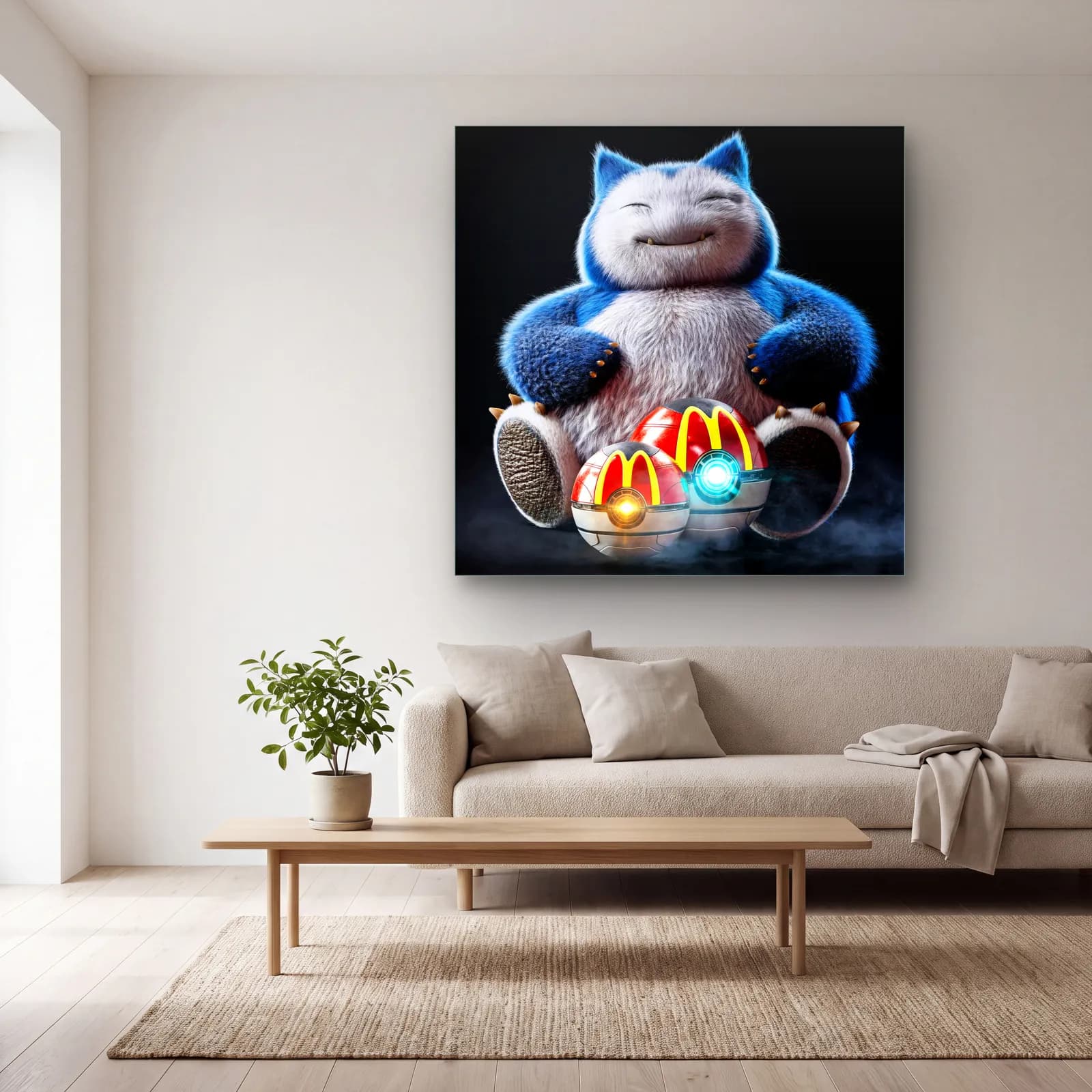 McDonald’s Pokeball’lu Snorlax cam tablo — açık renk salonda