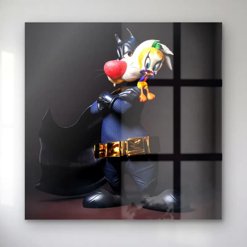 Batman Kostümlü Sylvester ve Tweety cam tablo — Batman kostümlü 3D Sylvester ve omzunda Joker makyajlı Tweety