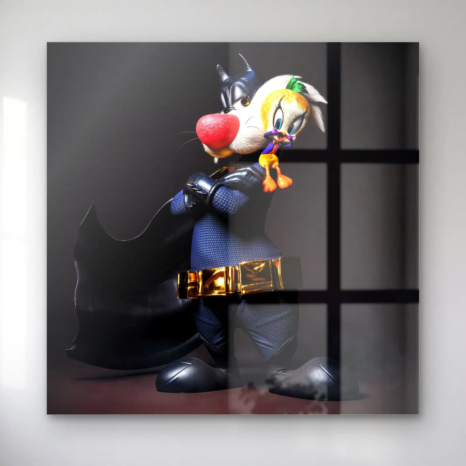 Batman Kostümlü Sylvester ve Tweety cam tablo — Batman kostümlü 3D Sylvester ve omzunda Joker makyajlı Tweety