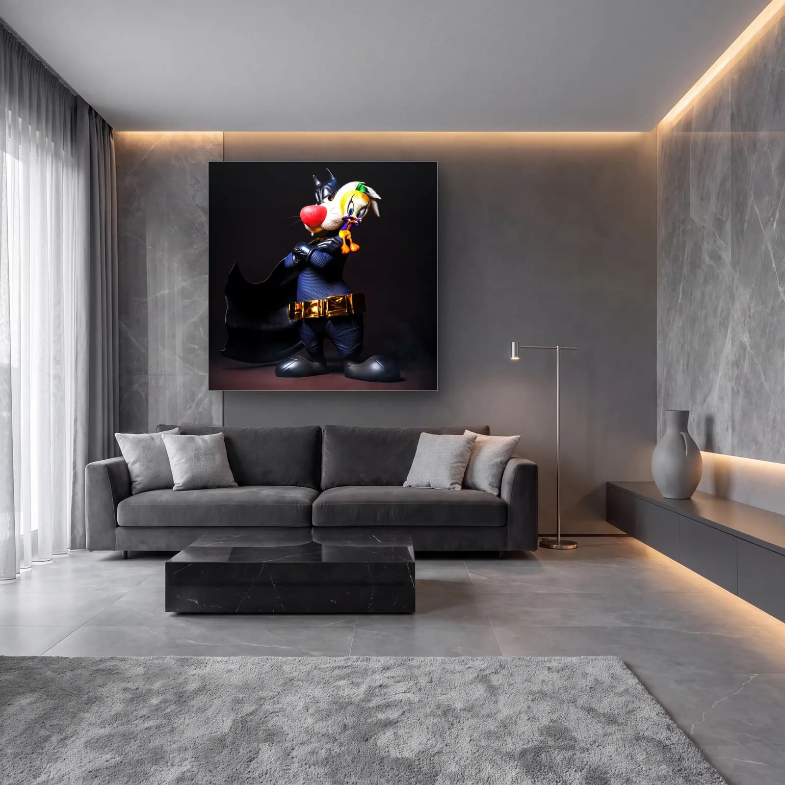 Batman Kostümlü Sylvester ve Tweety cam tablo — lüks salon duvarında