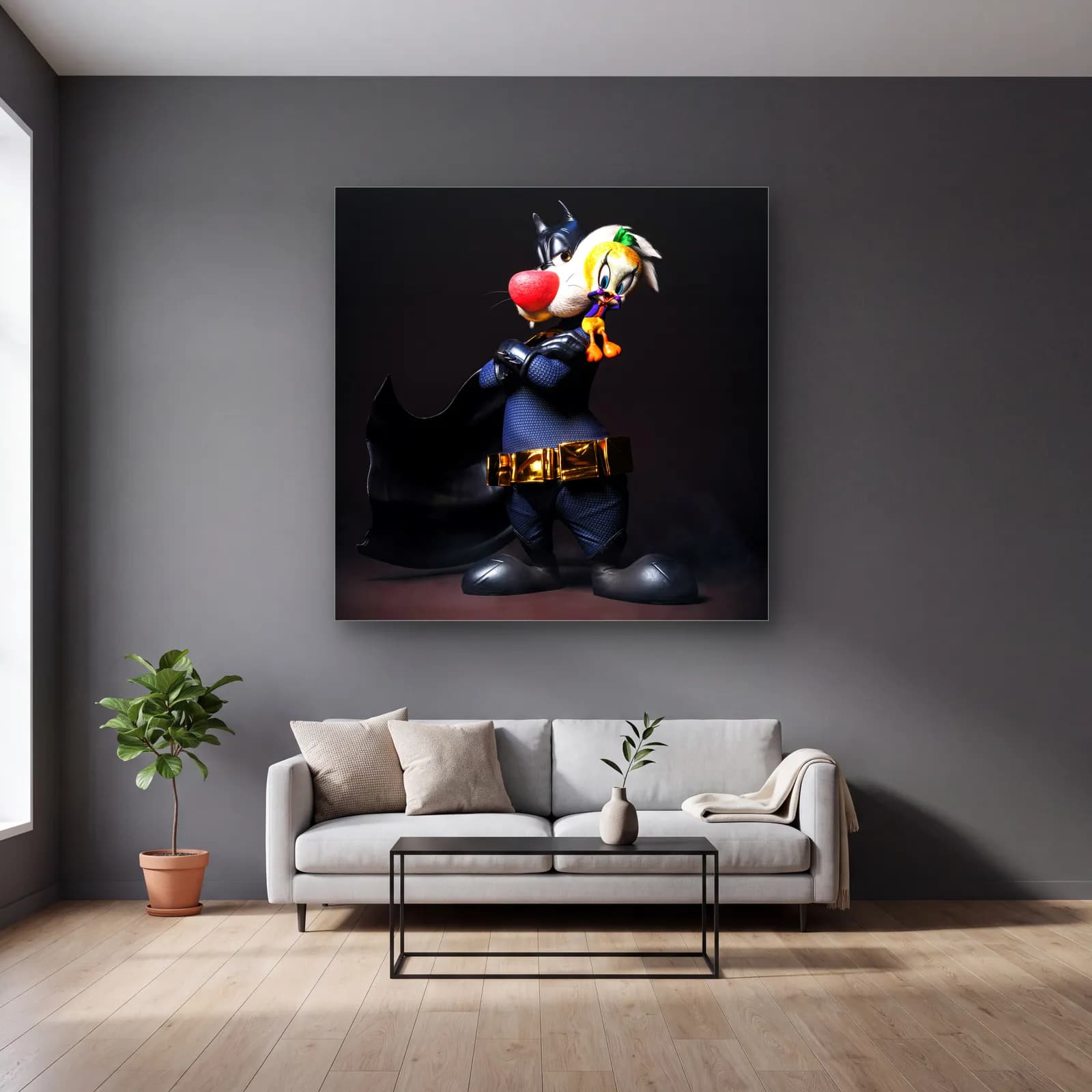 Batman Kostümlü Sylvester ve Tweety cam tablo — gri duvarlı salonda
