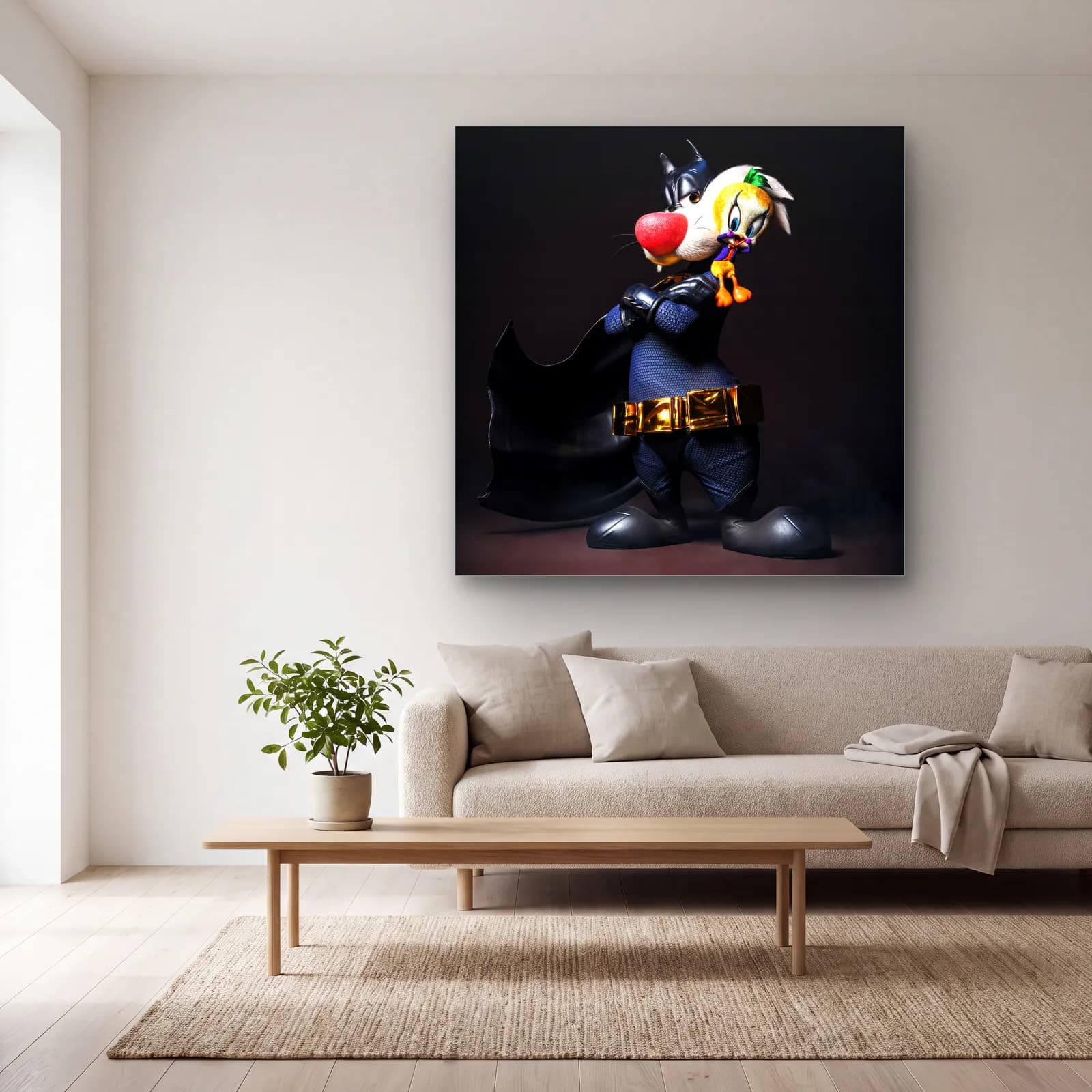 Batman Kostümlü Sylvester ve Tweety cam tablo — açık renk salonda