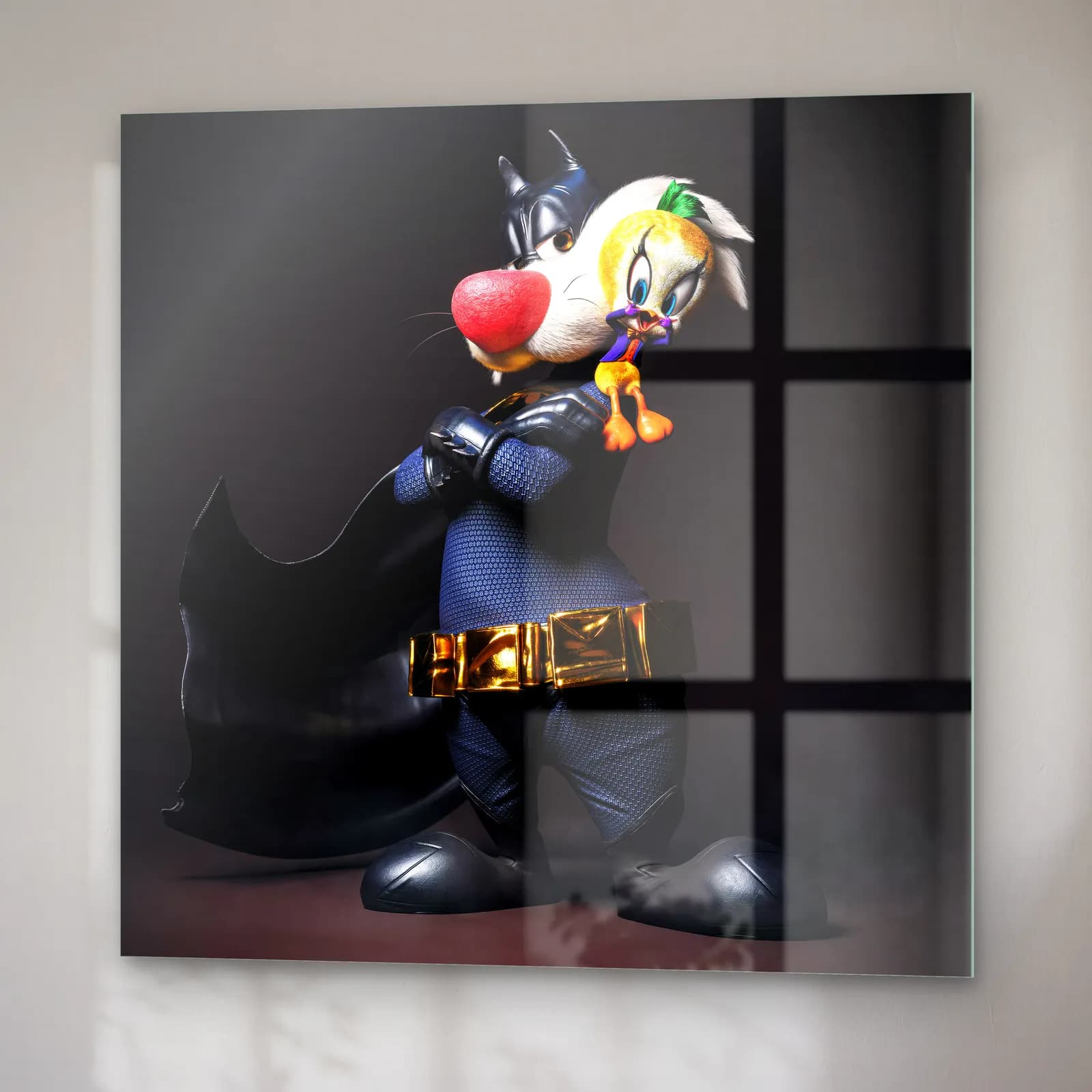 Batman Kostümlü Sylvester ve Tweety cam tablo — sağ açıdan görünüm