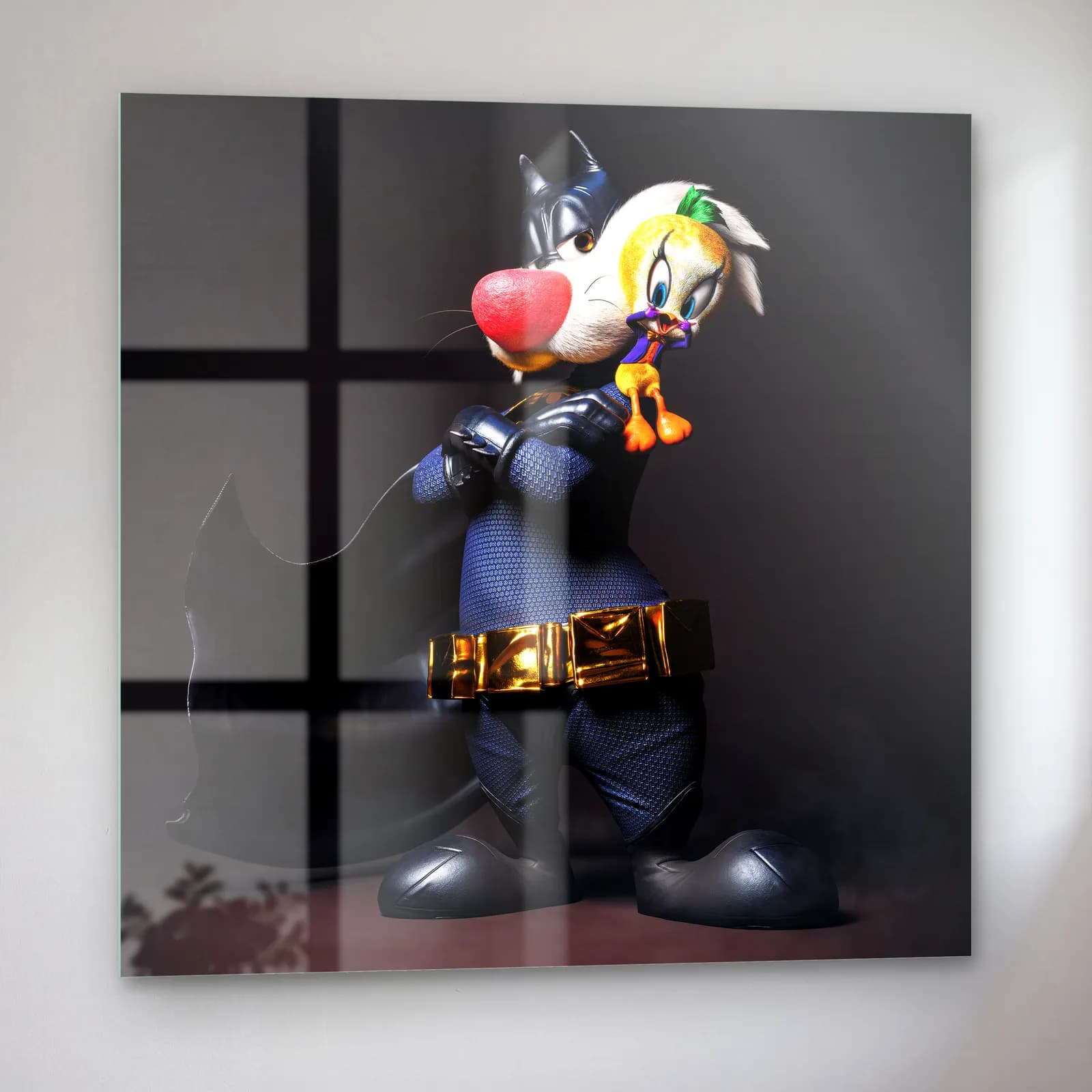 Batman Kostümlü Sylvester ve Tweety cam tablo — sol açıdan görünüm