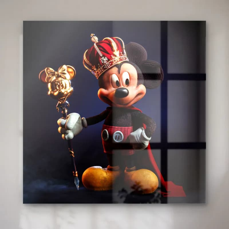 Kral Tacı Takan 3D Mickey cam tablo — Altın taç ve pelerinle Minnie başlı asa tutan kral 3D Mickey Mouse