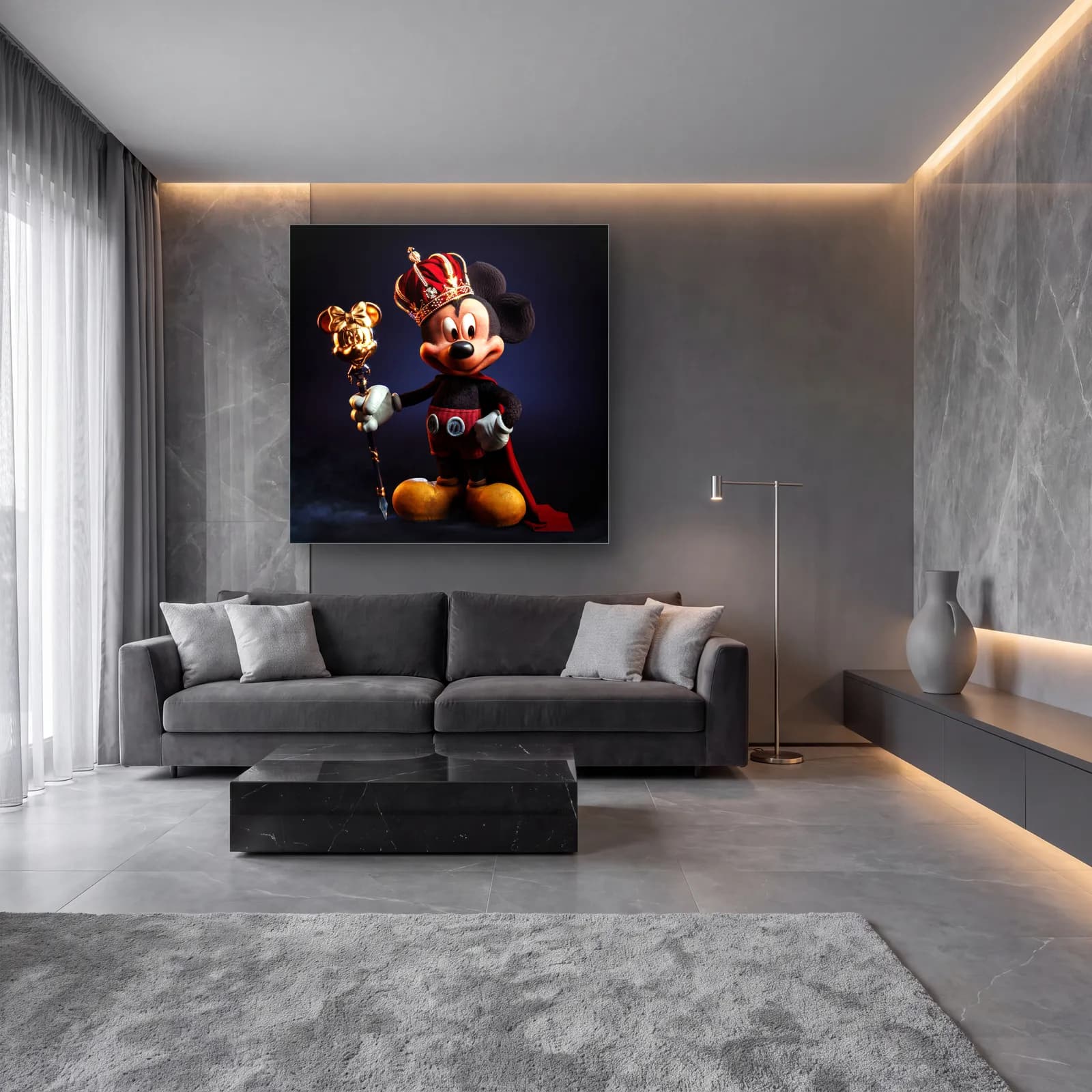 Kral Tacı Takan 3D Mickey cam tablo — lüks salon duvarında