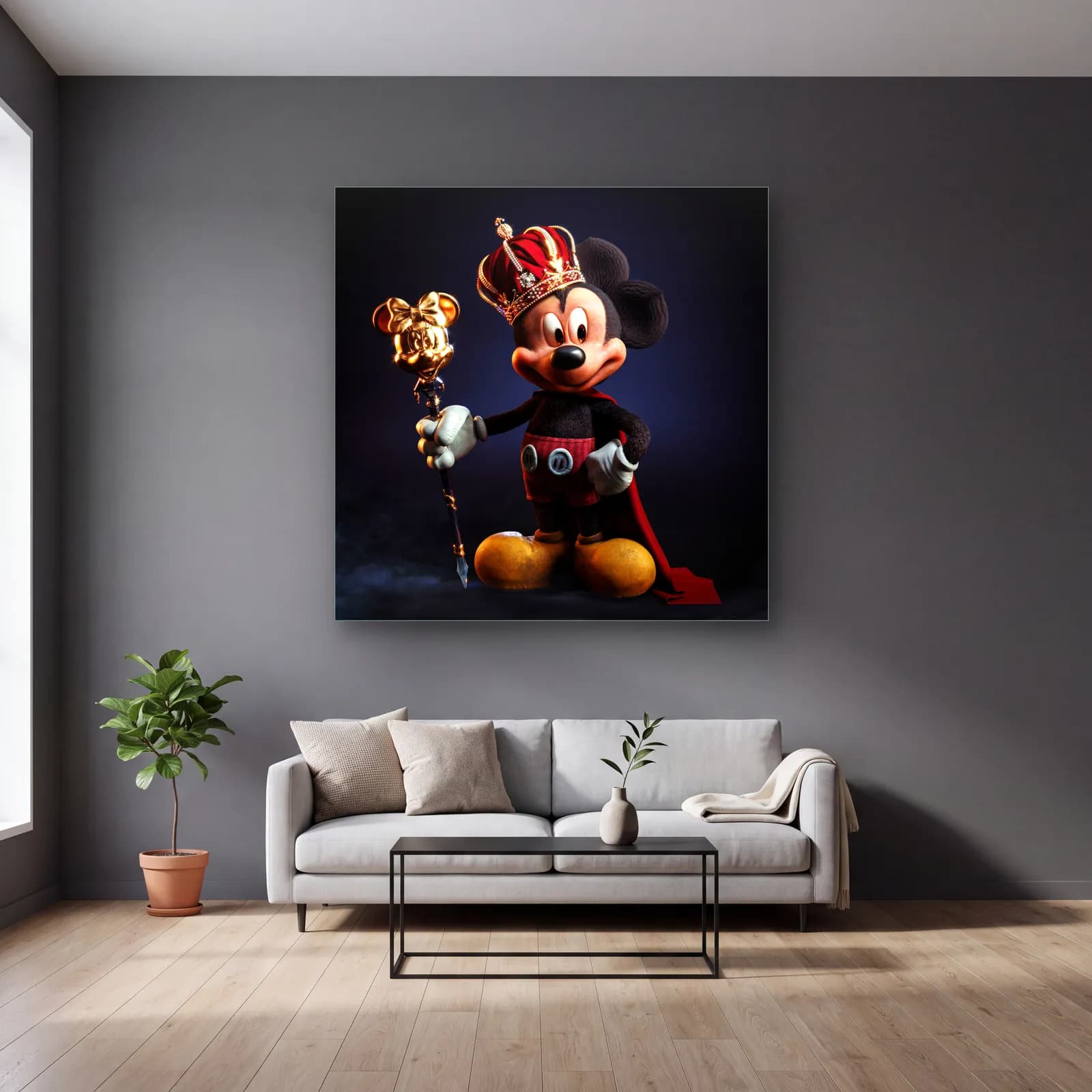 Kral Tacı Takan 3D Mickey cam tablo — gri duvarlı salonda