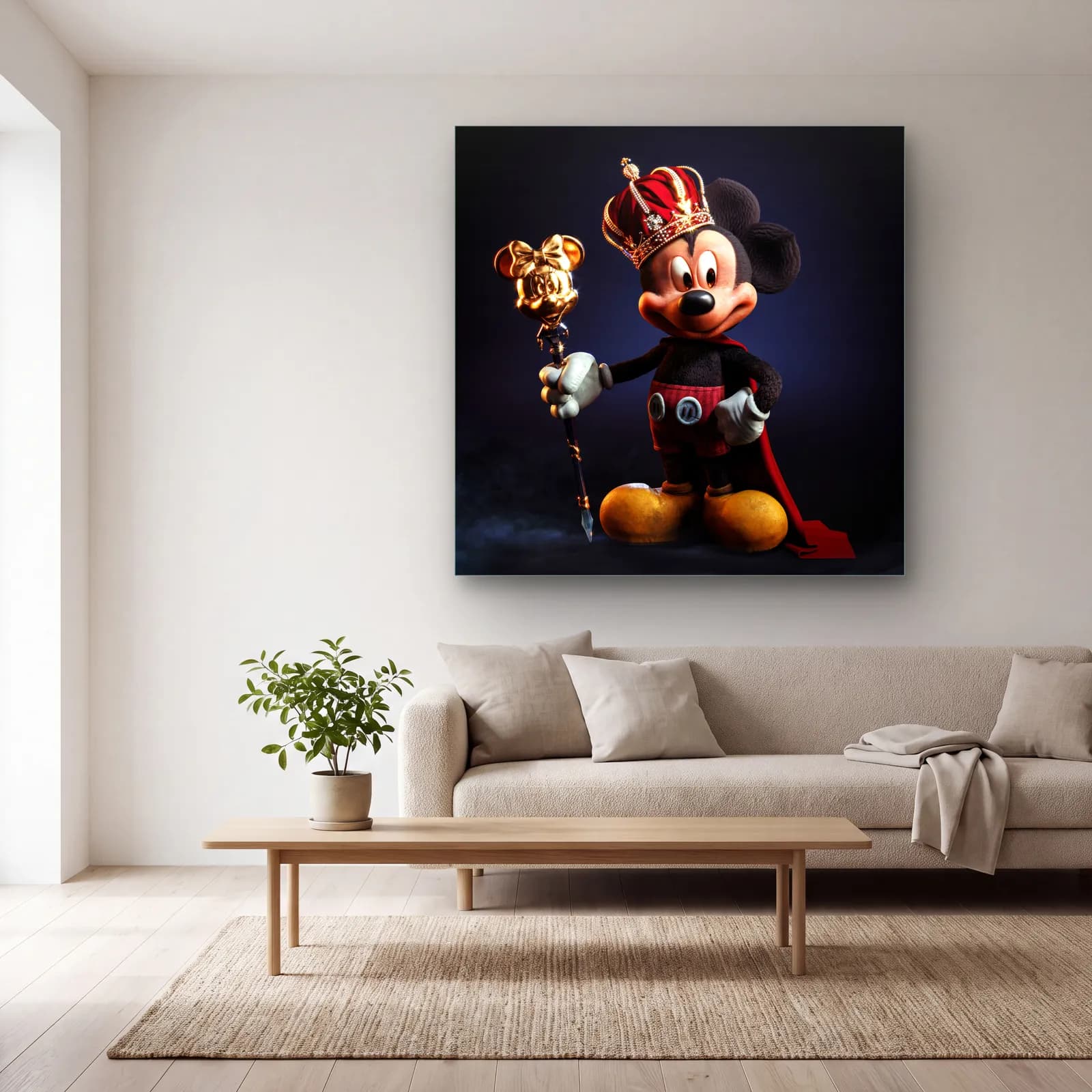Kral Tacı Takan 3D Mickey cam tablo — açık renk salonda