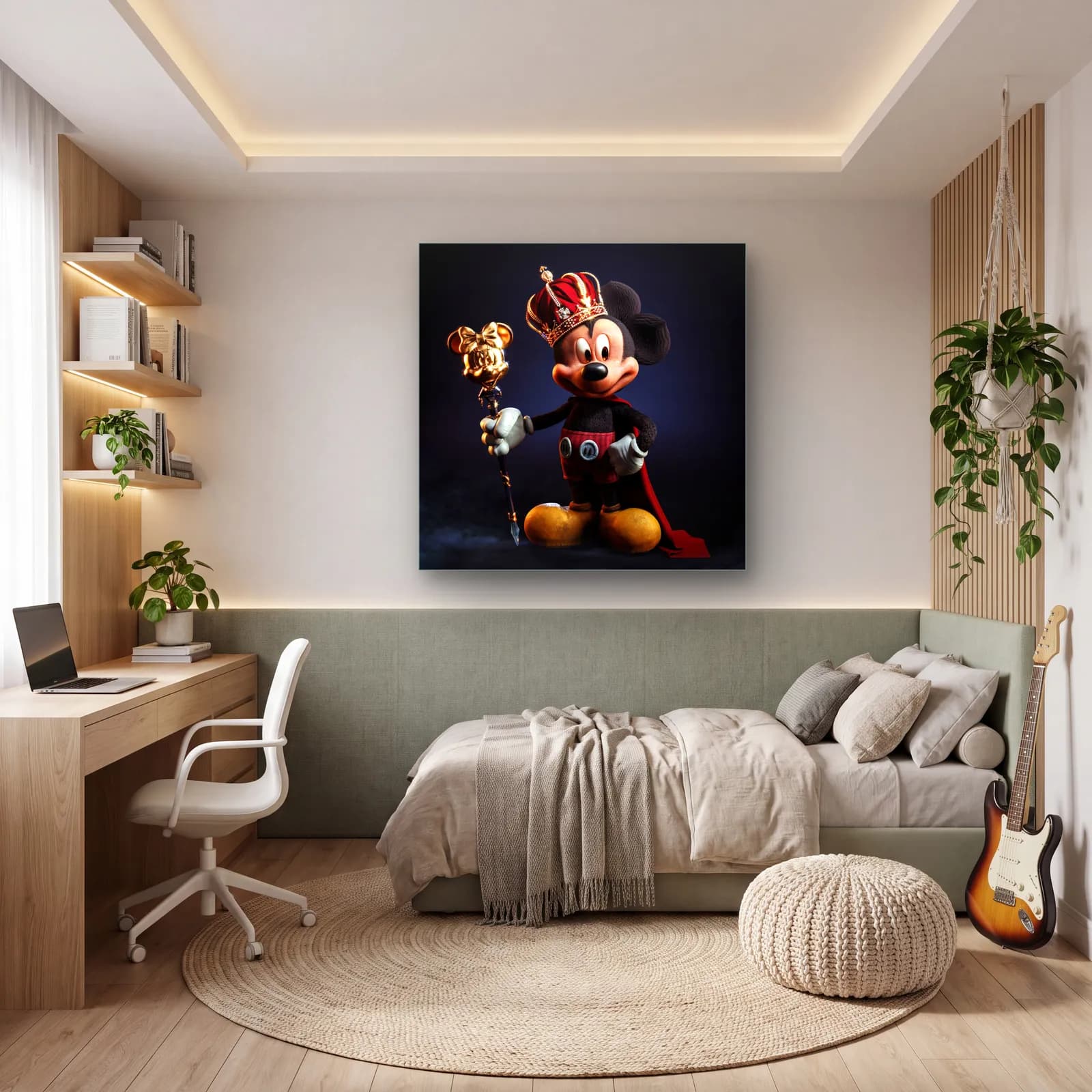 Kral Tacı Takan 3D Mickey cam tablo — genç odasında