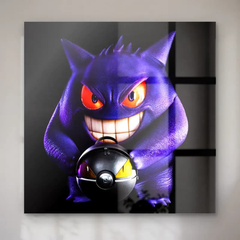 Sırıtan 3D Gengar cam tablo — Siyah zeminde sırıtan mor 3D Gengar ve elindeki siyah pokeball