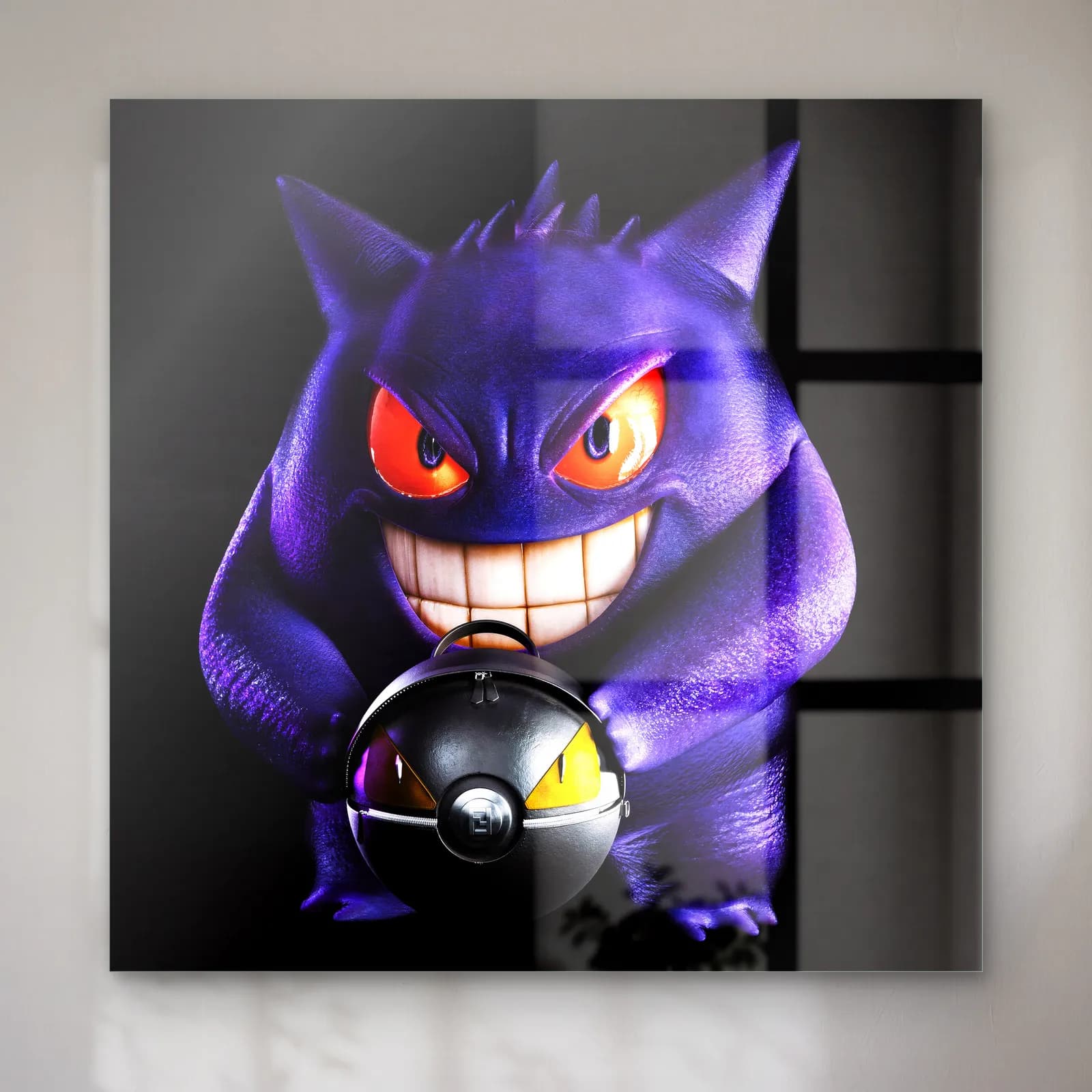Sırıtan 3D Gengar cam tablo — Siyah zeminde sırıtan mor 3D Gengar ve elindeki siyah pokeball