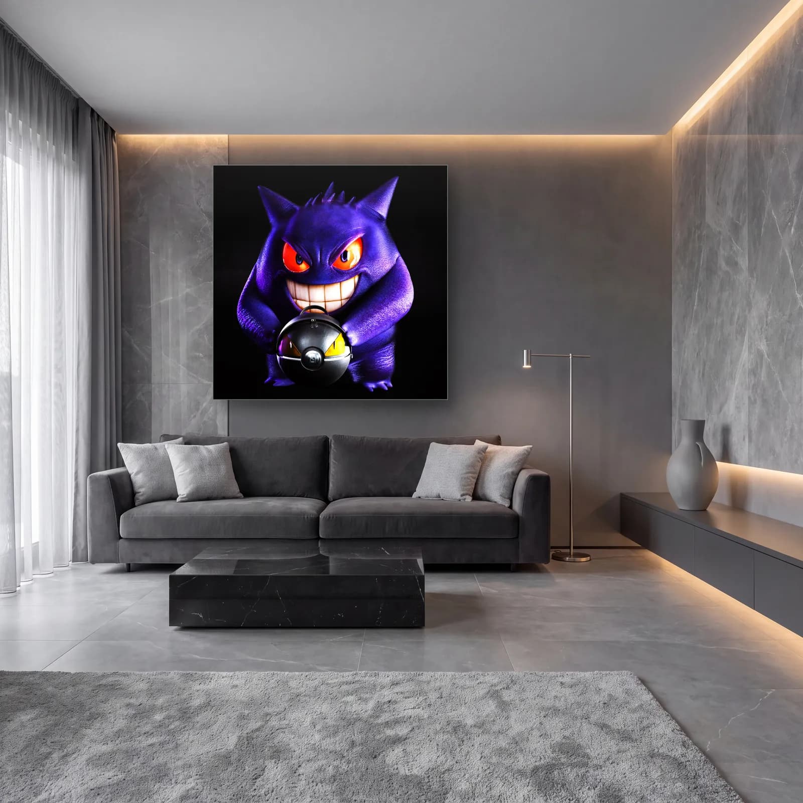 Sırıtan 3D Gengar cam tablo — lüks salon duvarında