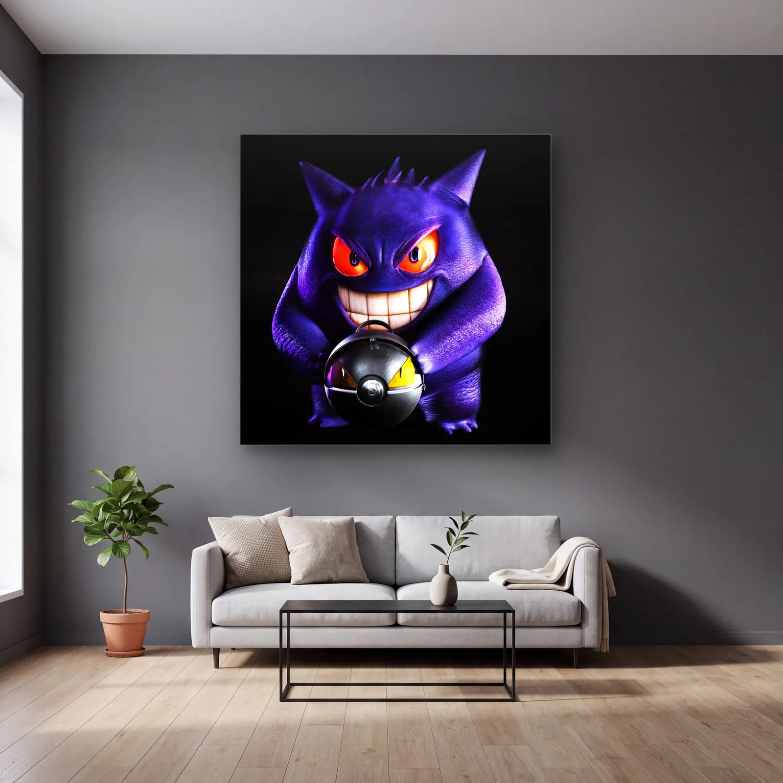 Sırıtan 3D Gengar cam tablo — gri duvarlı salonda