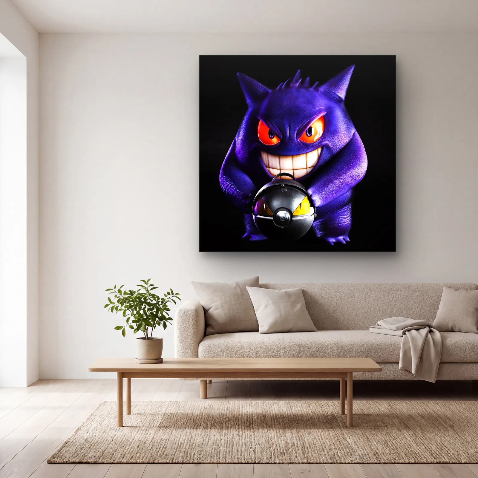 Sırıtan 3D Gengar cam tablo — açık renk salonda
