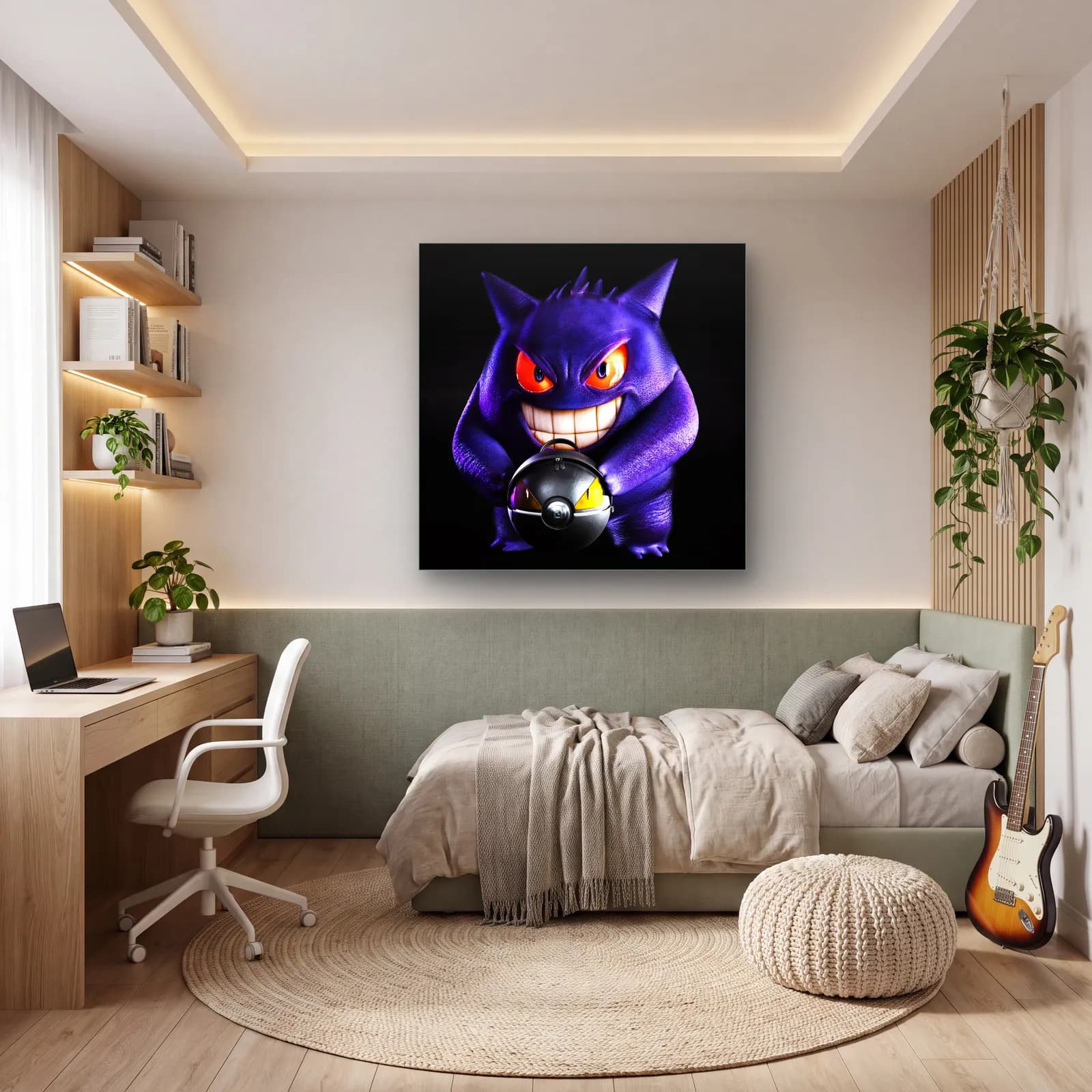 Sırıtan 3D Gengar cam tablo — genç odasında