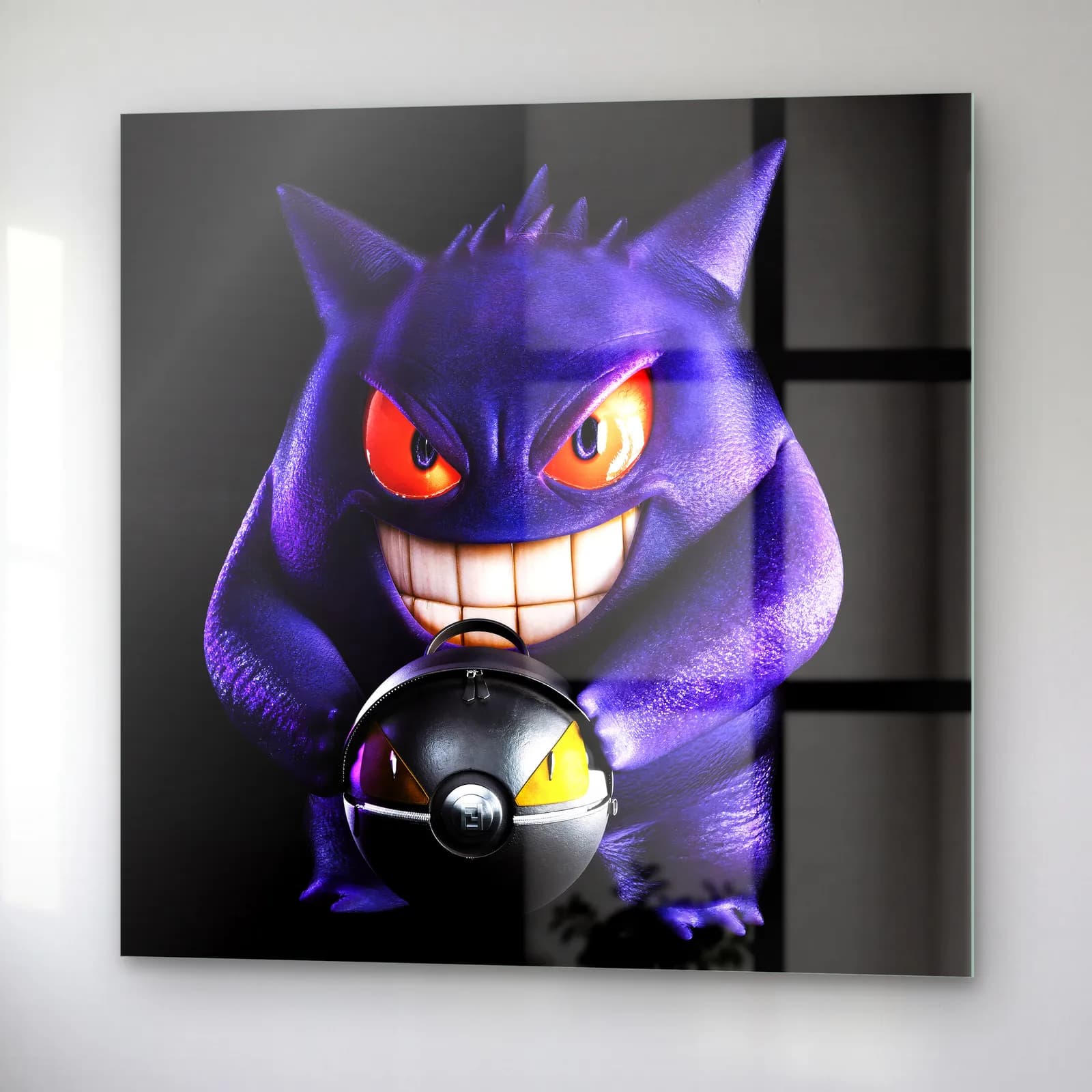 Sırıtan 3D Gengar cam tablo — sağ açıdan görünüm