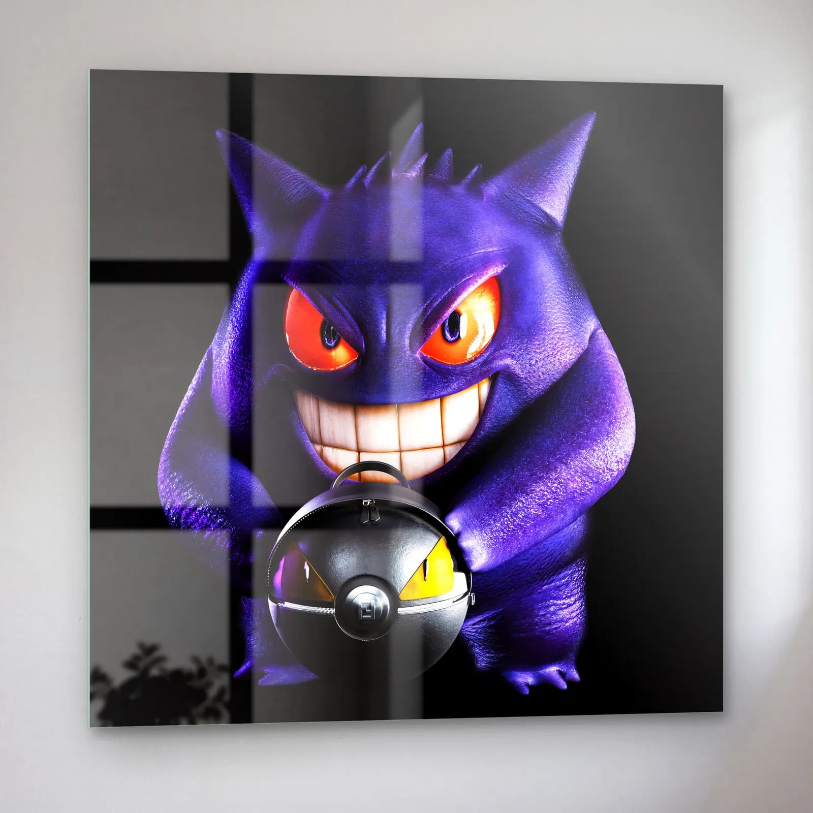 Sırıtan 3D Gengar cam tablo — sol açıdan görünüm
