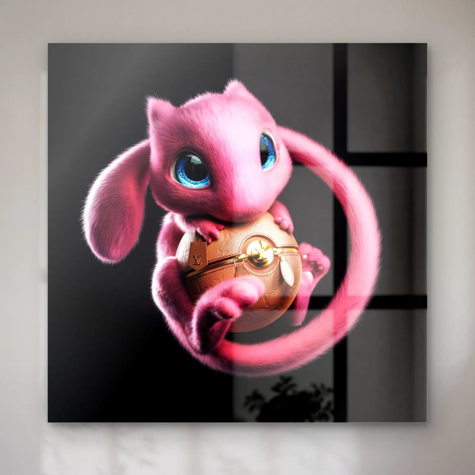 Pokeball Tutan 3D Mew cam tablo — Siyah zeminde altın pokeball tutan pembe tüylü 3D Mew