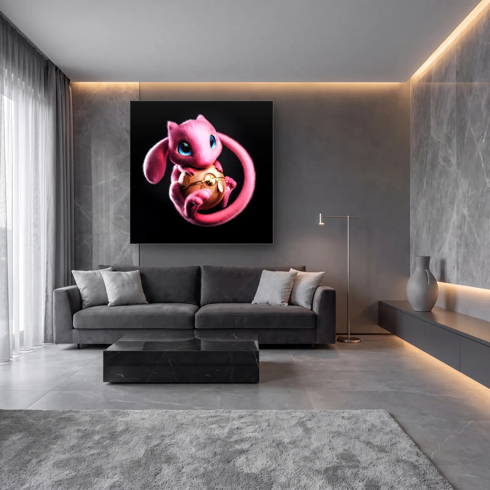 Pokeball Tutan 3D Mew cam tablo — lüks salon duvarında
