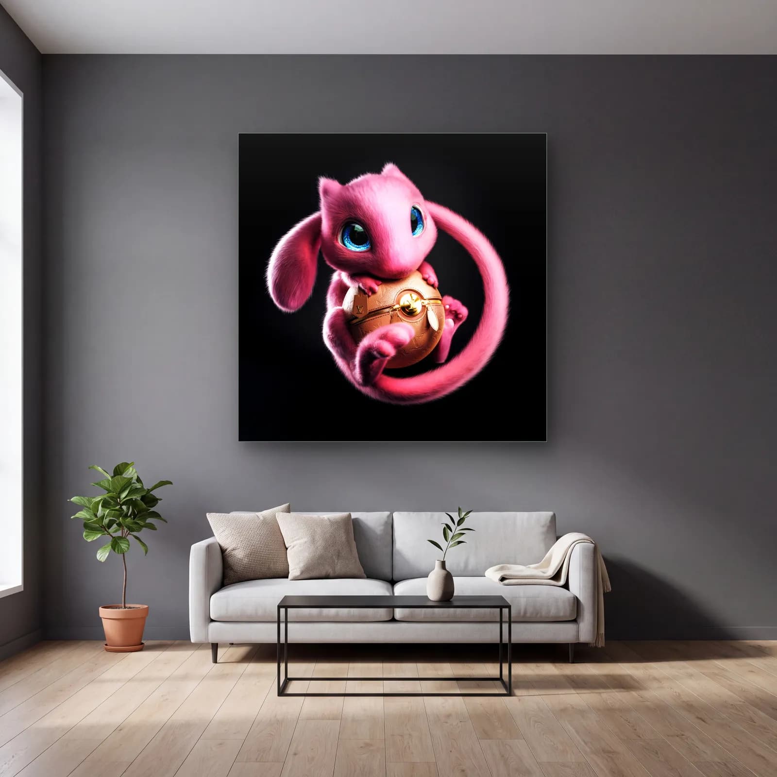 Pokeball Tutan 3D Mew cam tablo — gri duvarlı salonda