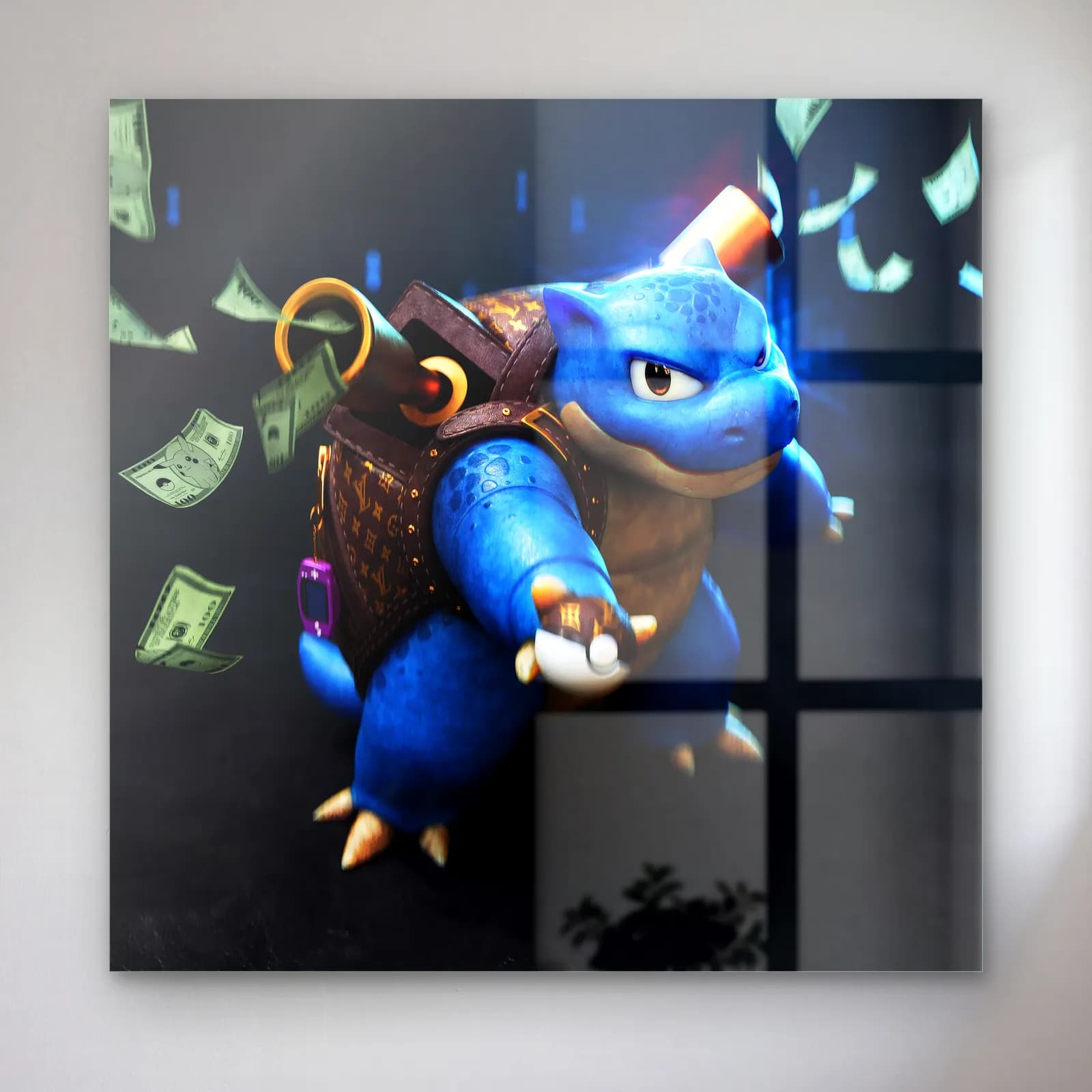 Louis Vuitton Çantalı Blastoise cam tablo — Uçuşan dolarlar arasında desenli sırt çantalı mavi 3D Blastoise