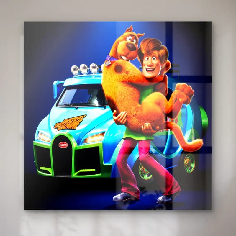 Bugatti Önünde Scooby-Doo ve Shaggy cam tablo — Neon yeşil detaylı mavi Bugatti önünde Scooby-Doo’yu kucaklayan Shaggy