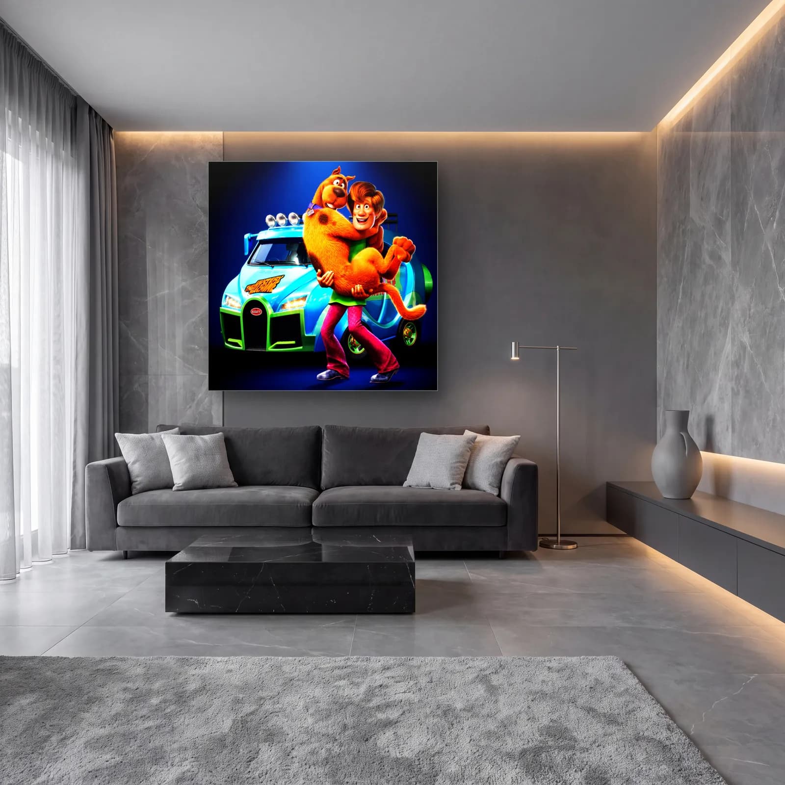 Bugatti Önünde Scooby-Doo ve Shaggy cam tablo — lüks salon duvarında