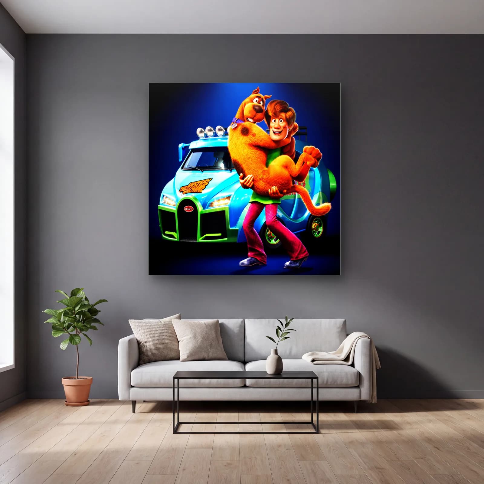 Bugatti Önünde Scooby-Doo ve Shaggy cam tablo — gri duvarlı salonda