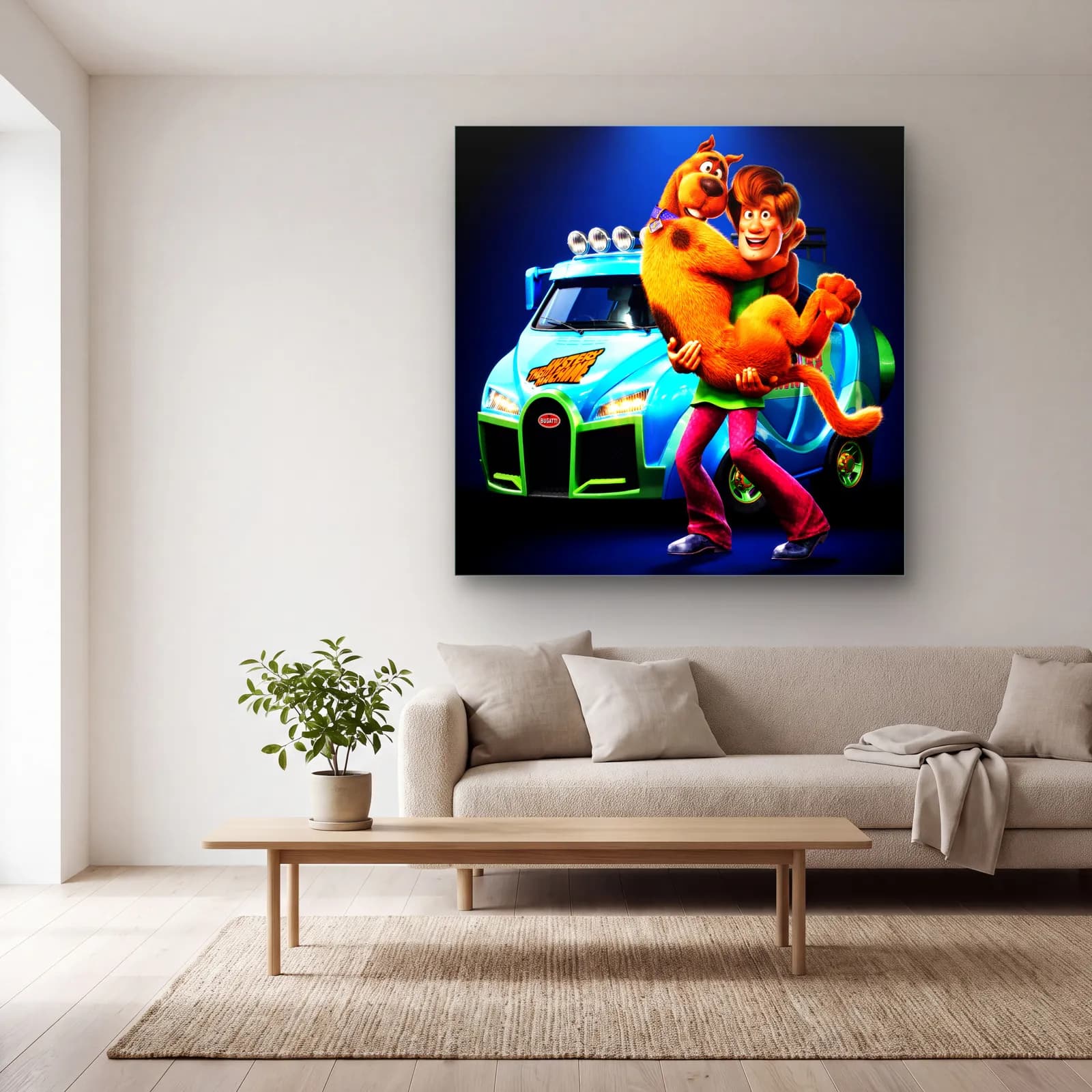 Bugatti Önünde Scooby-Doo ve Shaggy cam tablo — açık renk salonda