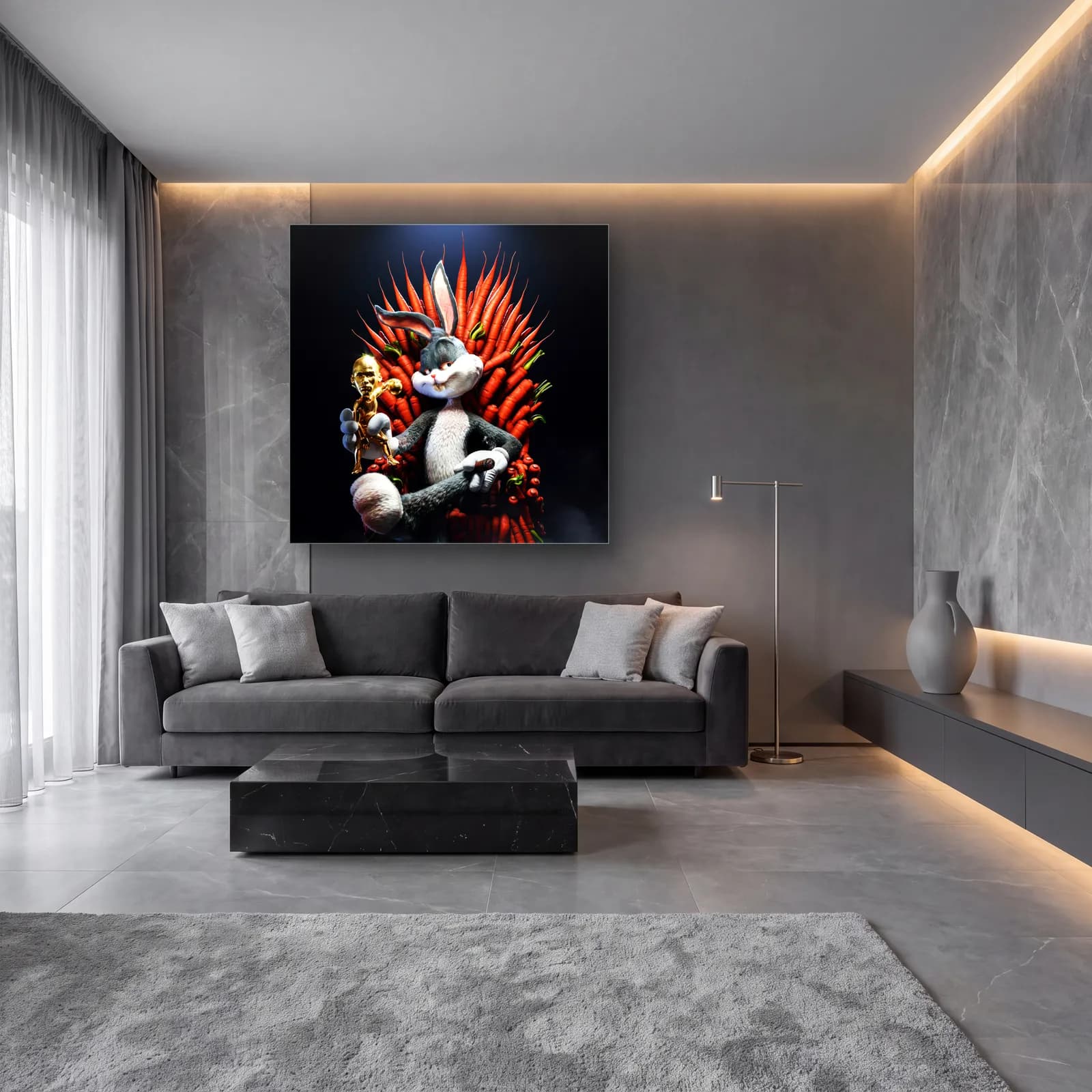 Havuç Tahtında Bugs Bunny cam tablo — lüks salon duvarında