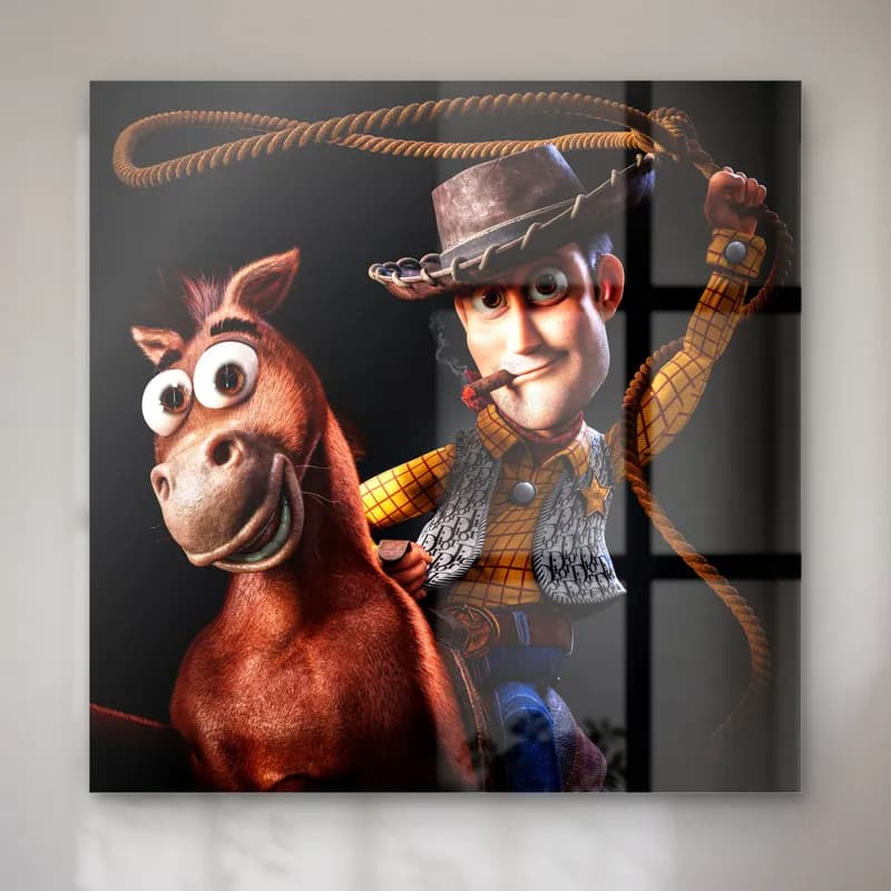 Kementli Woody ve Bullseye cam tablo — Kement sallayan puro içen Woody ve yanında gülümseyen at Bullseye
