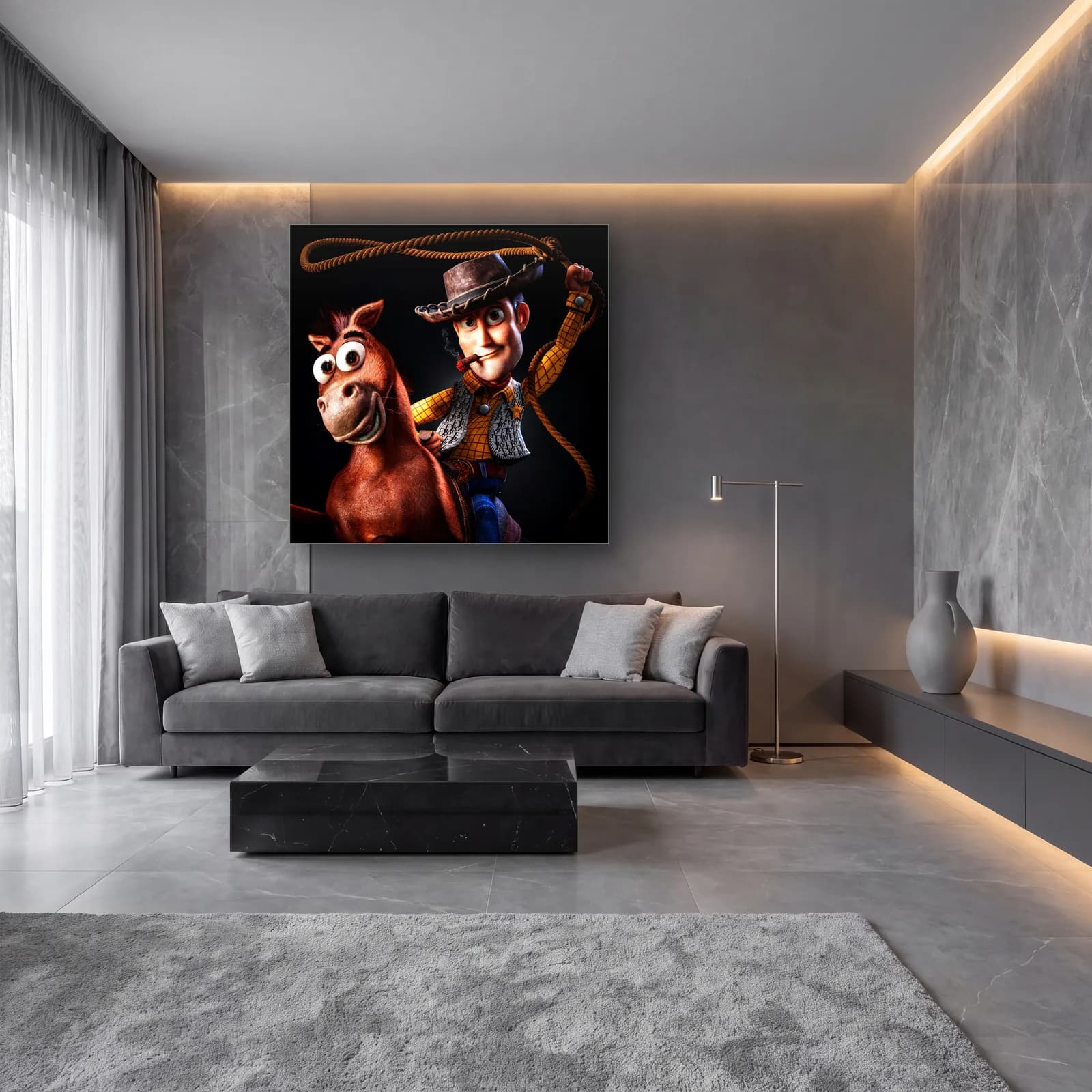 Kementli Woody ve Bullseye cam tablo — lüks salon duvarında