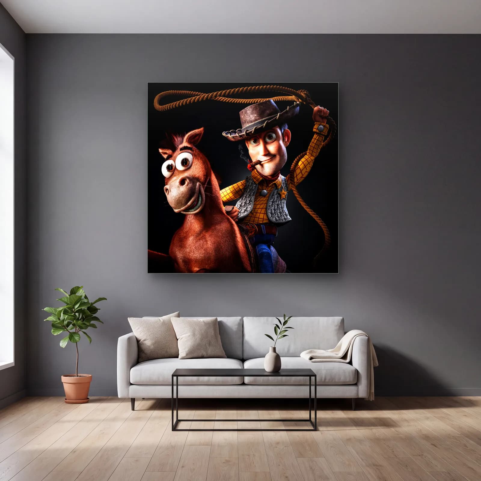 Kementli Woody ve Bullseye cam tablo — gri duvarlı salonda