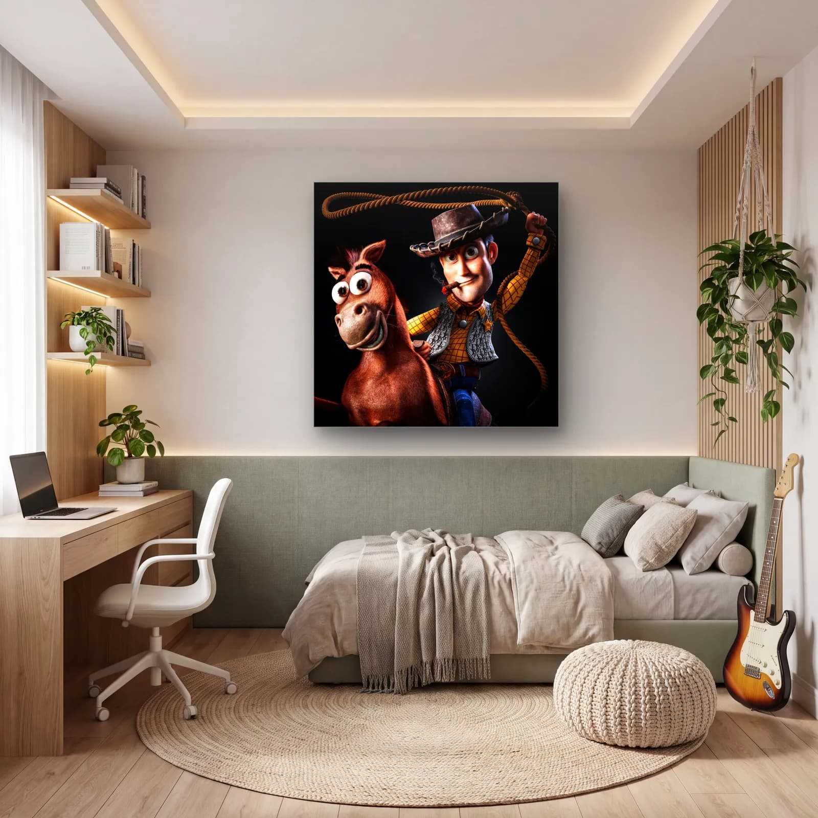 Kementli Woody ve Bullseye cam tablo — genç odasında
