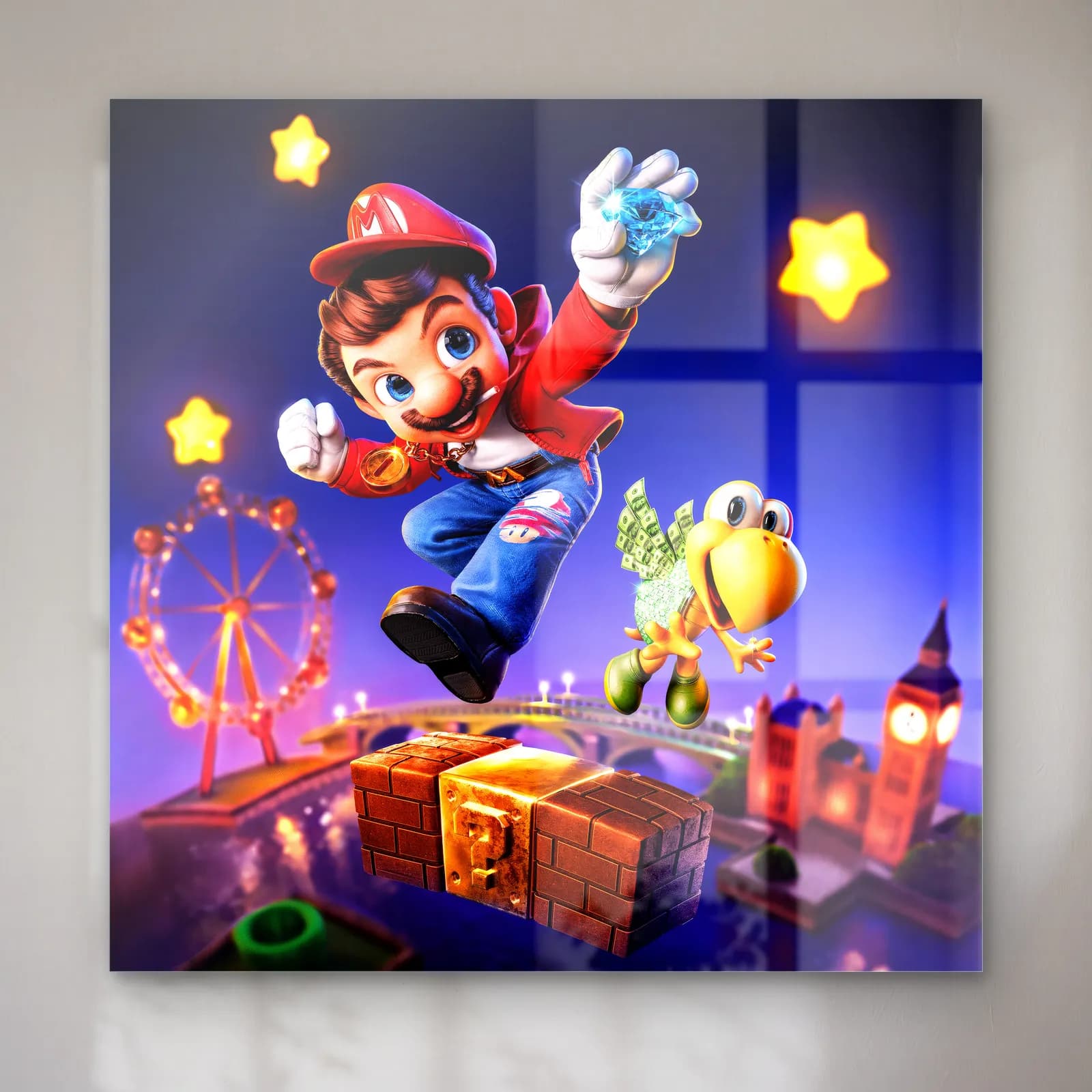 Londra’da Zıplayan 3D Mario cam tablo — Londra gece silüeti önünde bloklar üzerinde zıplayan 3D Mario ve Koopa