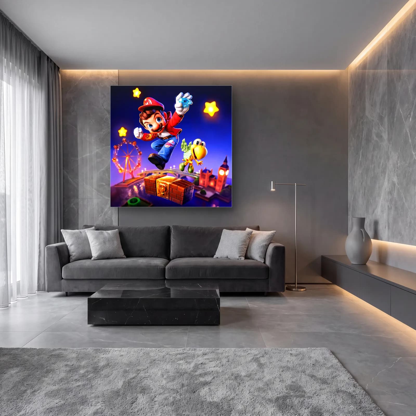 Londra’da Zıplayan 3D Mario cam tablo — lüks salon duvarında