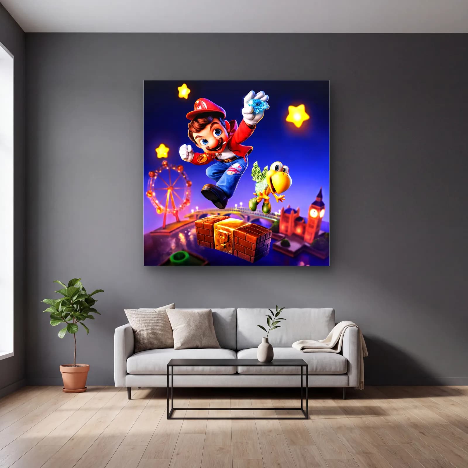 Londra’da Zıplayan 3D Mario cam tablo — gri duvarlı salonda