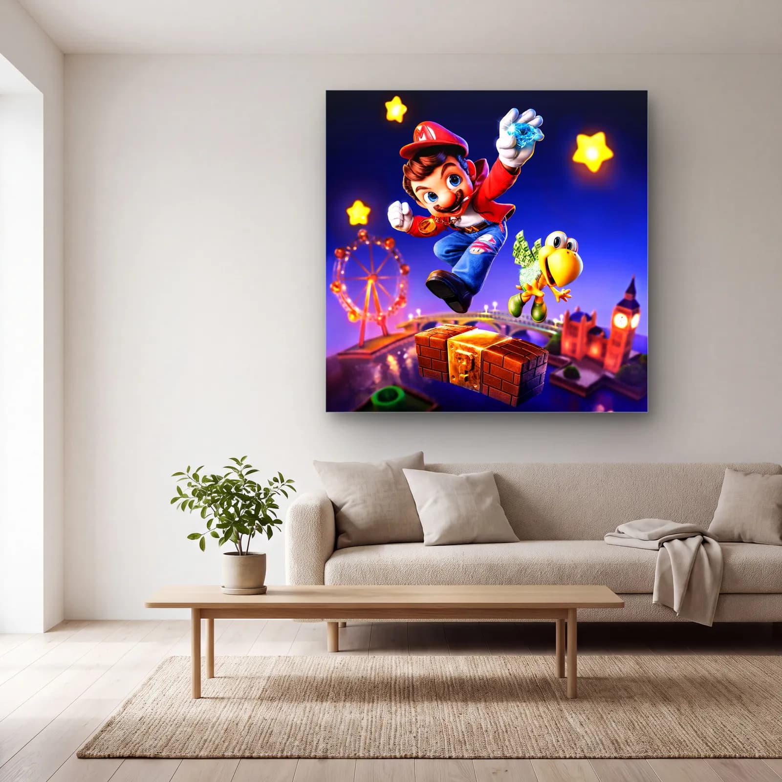 Londra’da Zıplayan 3D Mario cam tablo — açık renk salonda