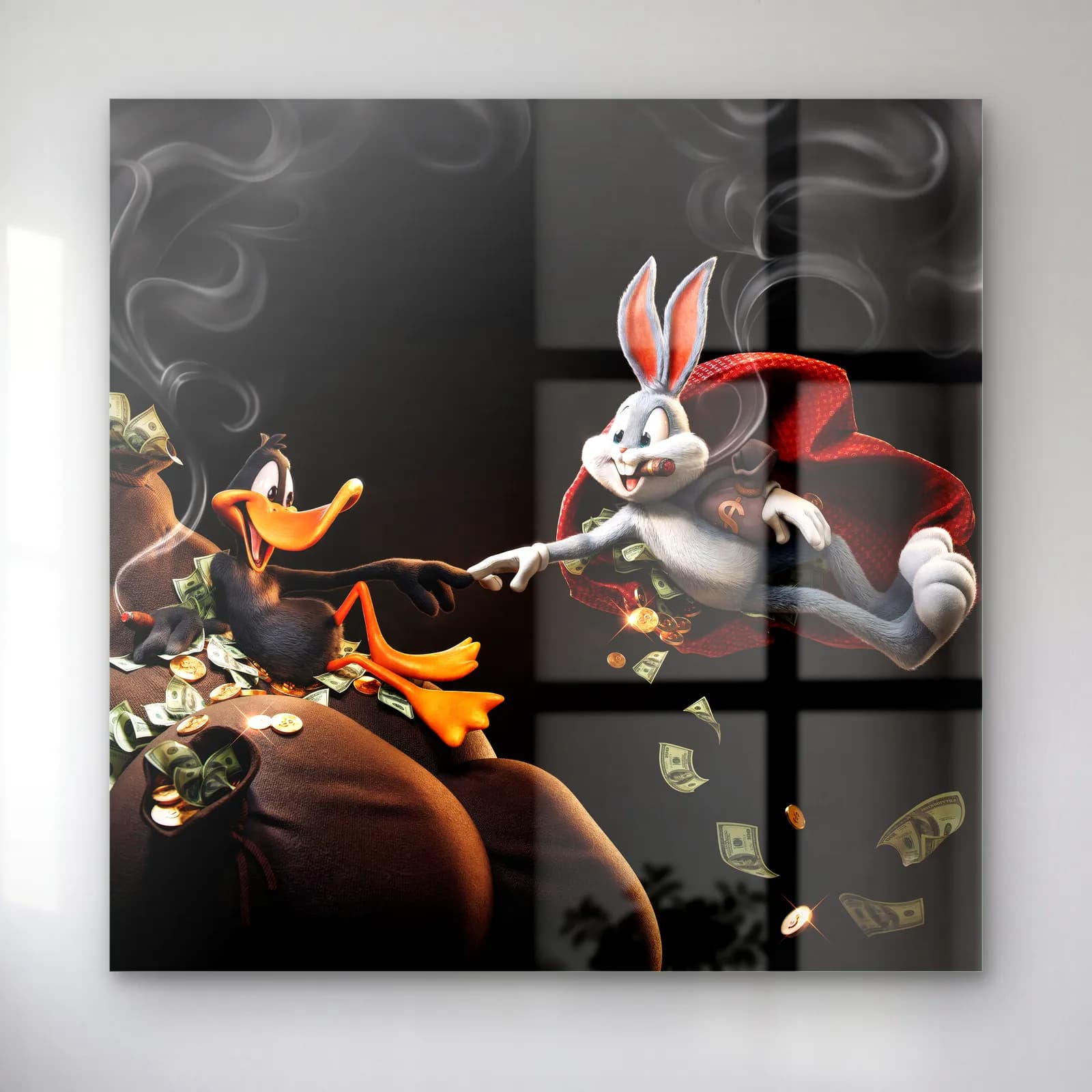 Adem’in Yaratılışı Daffy ve Bugs cam tablo — Para çuvalları üzerinde birbirine uzanan Daffy Duck ve Bugs Bunny