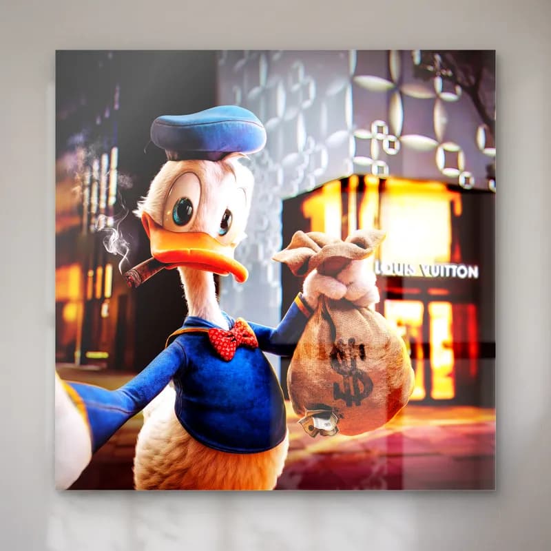 Louis Vuitton Mağazası Önünde Donald cam tablo — Lüks mağaza vitrini önünde para çantası tutan purolu 3D Donald Duck