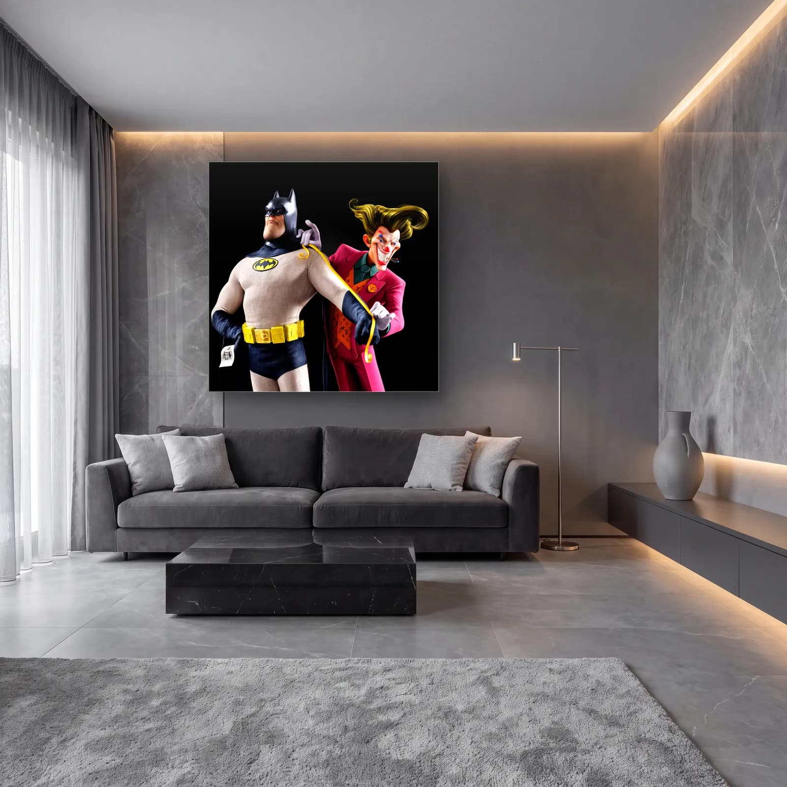 Batman ve Joker Terzi Provası cam tablo — lüks salon duvarında