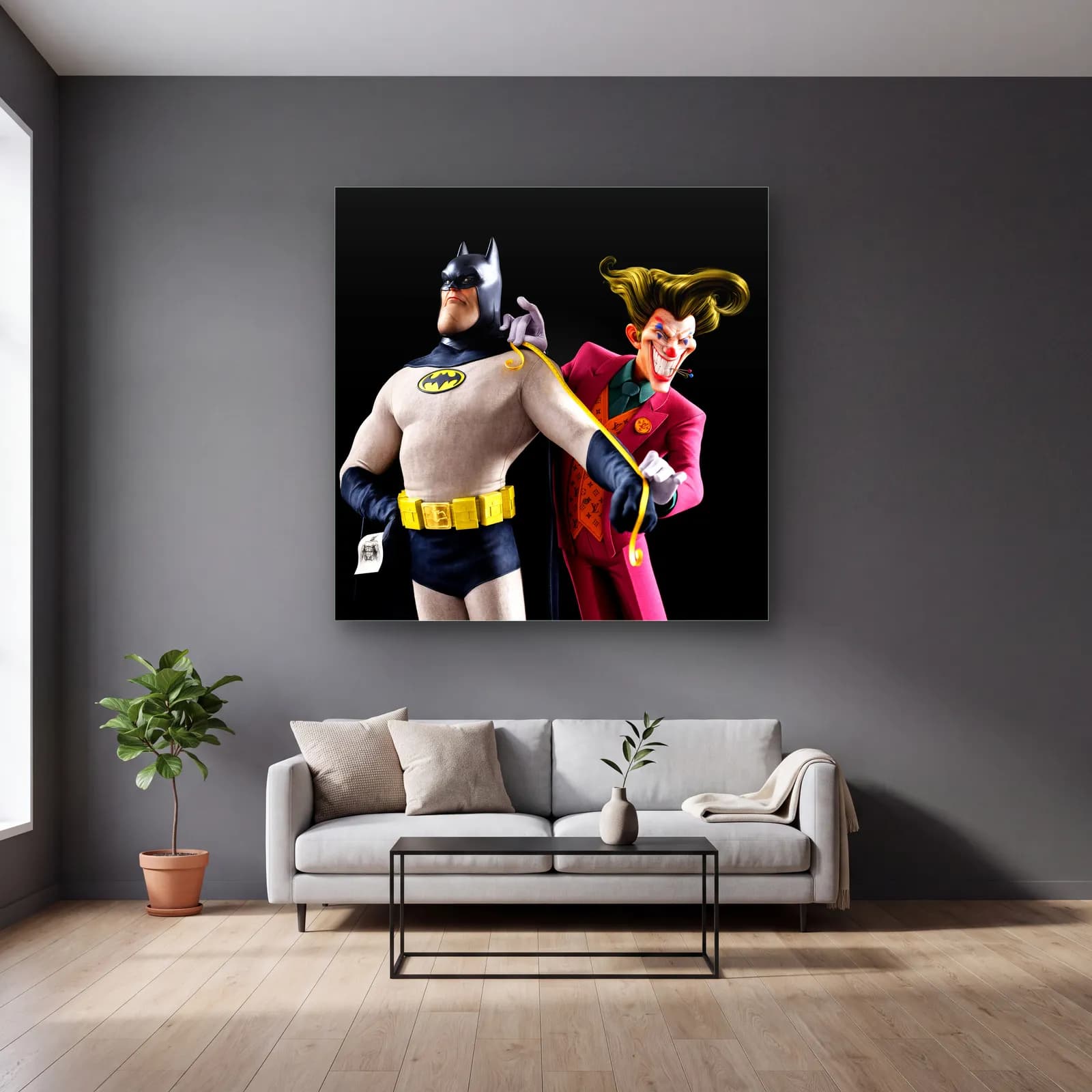 Batman ve Joker Terzi Provası cam tablo — gri duvarlı salonda