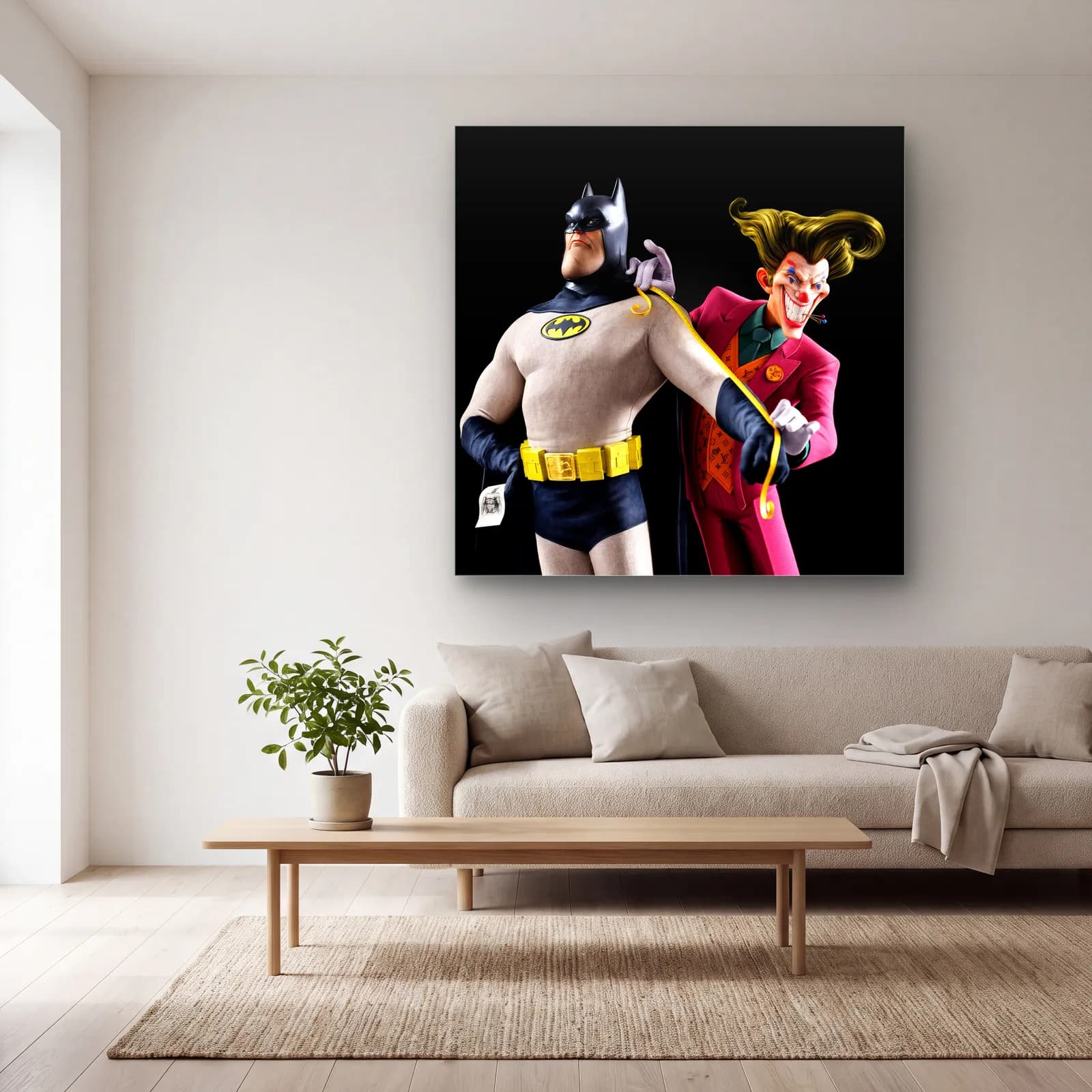 Batman ve Joker Terzi Provası cam tablo — açık renk salonda