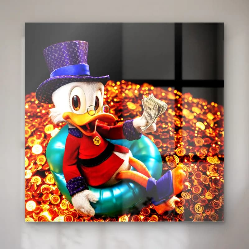 Altın Paralar Üstünde Scrooge cam tablo — Altın para yığını içinde can simidinde uzanan 3D Scrooge McDuck