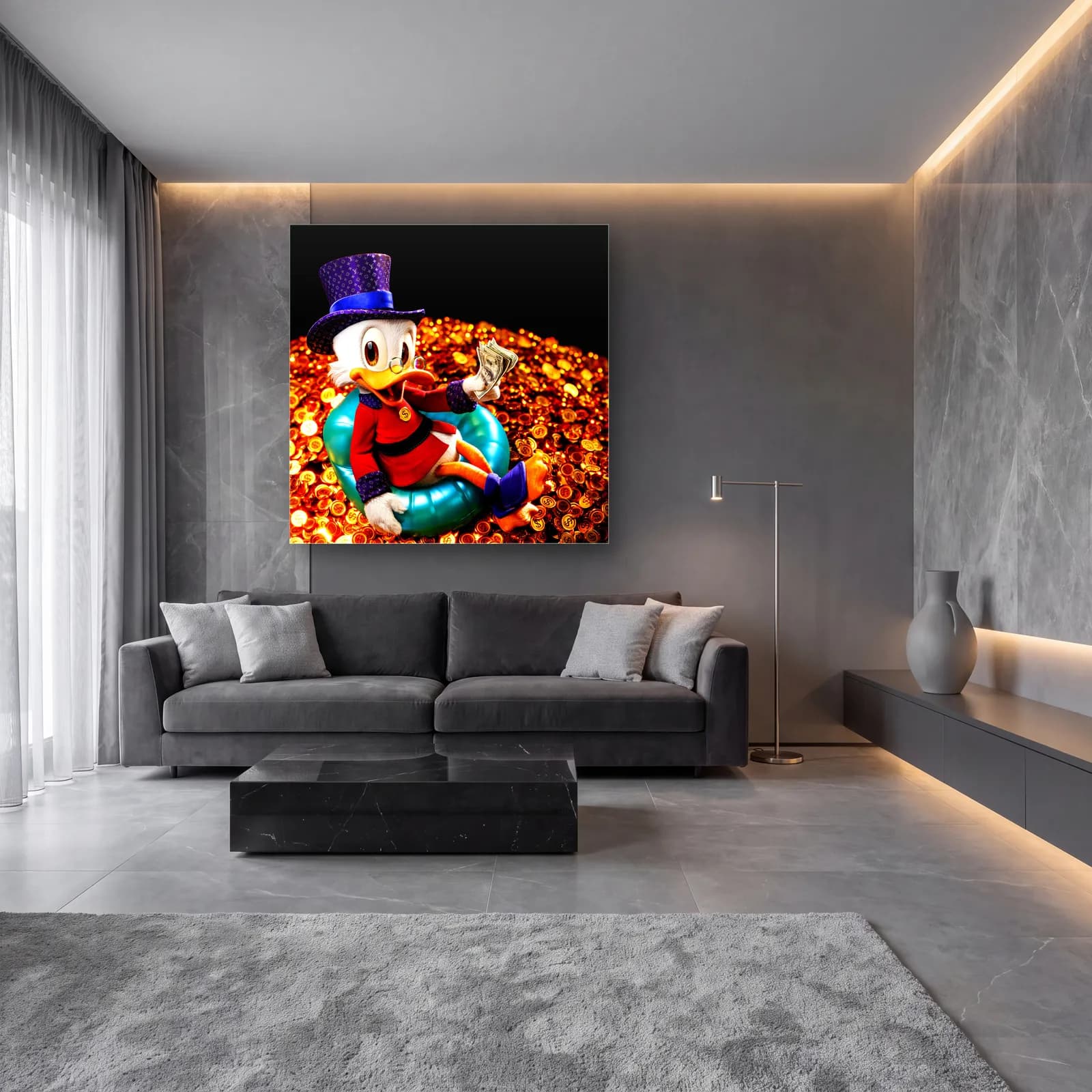 Altın Paralar Üstünde Scrooge cam tablo — lüks salon duvarında